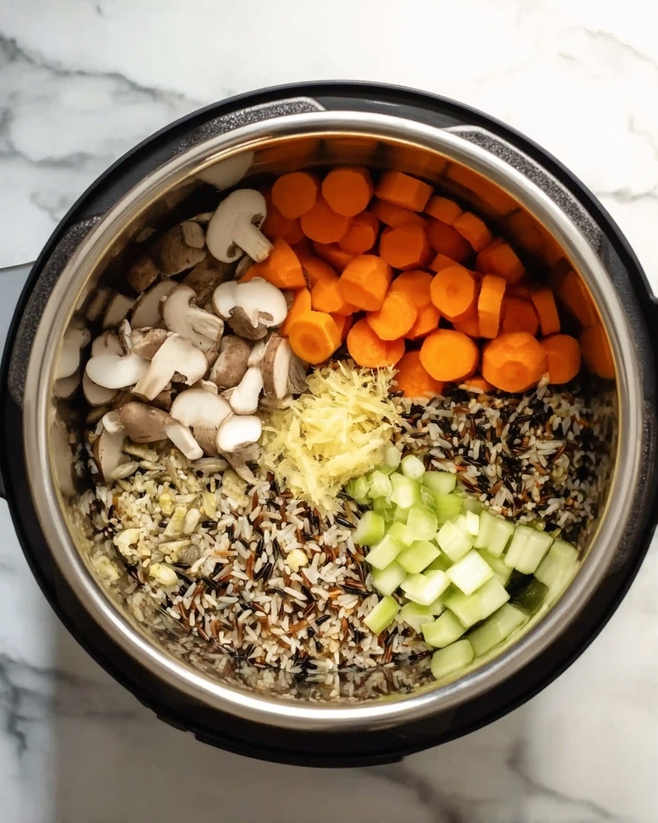 A top view of a silver instant pot filled with six separate layers of ingredients in a circle, each layer showing a different color and texture: bright orange round carrot slices, light brown sliced mushrooms, a mix of wild rice with dark and light grains, white chopped onions, pale green celery chunks, and finely chopped light yellow ginger in the center. The instant pot is placed on a white marbled surface, and the overall shape is round and clean. photo taken with an iphone --ar 4:5 --v 7
