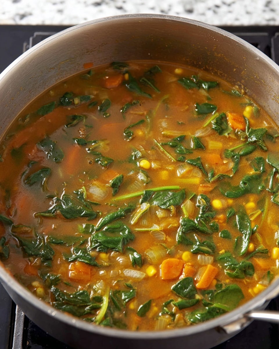 A silver pot filled with a soup made of an orange-brown broth mixed with visible pieces of chopped green spinach leaves, small chunks of orange carrot, yellow corn, and translucent bits of onion, all floating in the liquid. The pot sits on a black stove surface, while the background shows a white marbled texture. The soup has a mix of soft and leafy textures, with the bright green and orange colors standing out against the warm broth photo taken with an iphone --ar 4:5 --v 7