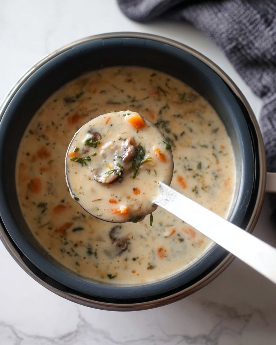 A close-up view of a creamy soup in a silver pot with a black rim, showing a thick, light beige base with visible pieces of orange carrot slices, green herbs, and small brown mushroom bits, held up by a silver ladle in the center of the image. The background is a white marbled surface with a dark grey cloth partially visible in the top right corner. photo taken with an iphone --ar 4:5 --v 7