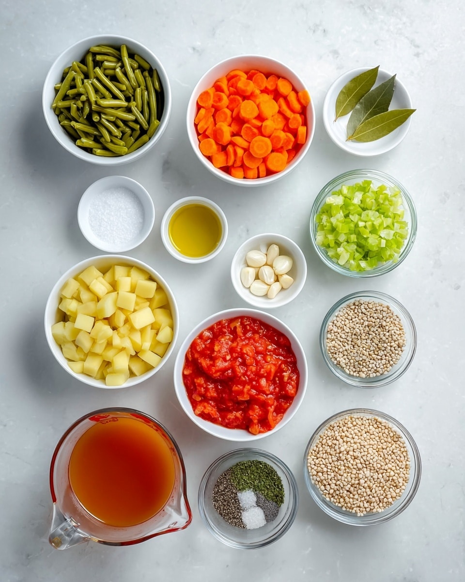 Several white bowls and glass bowls are arranged on a white marbled surface. From top left, one white bowl holds chopped frozen green beans that are deep green and frosty. Next to it, a white bowl is full of bright orange sliced carrots. Below the carrots, another white bowl contains fresh chopped celery in light green. Below the celery, one small white bowl holds golden olive oil. To the right, a small white bowl has a single green bay leaf. Next, a small white bowl holds dried green herbs. Below that, a white bowl contains small peeled garlic cloves. Next to it, a white bowl is filled with coarse white salt. Below it, another white bowl holds black pepper. To the right side, a small white bowl has a mix of dried green herbs. In front center, a large white bowl contains bright red diced tomatoes in juice. Below it, two glass bowls hold cubed yellow potatoes with peeled skin and uncooked barley grains that are light beige with small round grain shapes. On the right side, a glass measuring cup holds clear orange broth. The bowls and cup are placed neatly on a clean white marbled background. photo taken with an iphone --ar 4:5 --v 7
