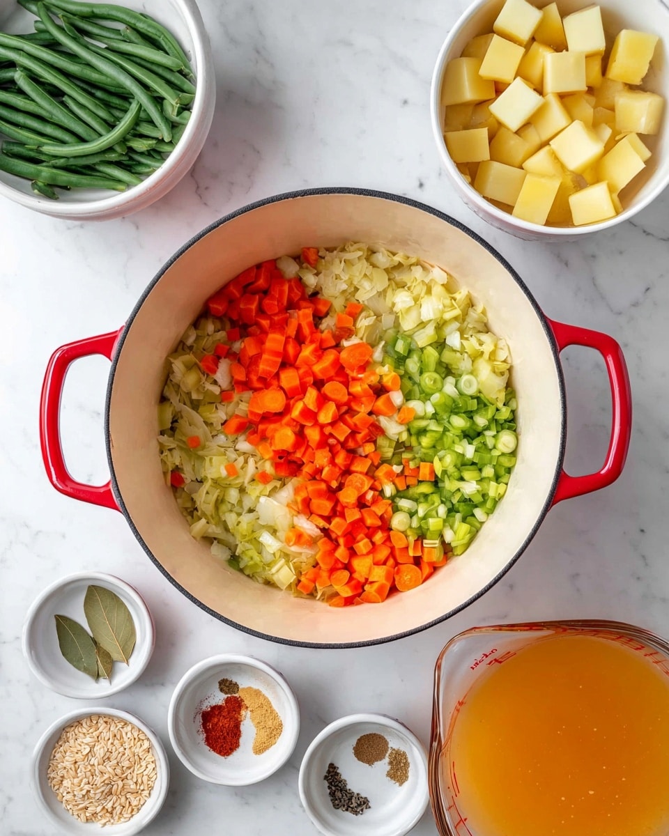 A white cooking pot with a red handle is filled with three layers of chopped vegetables: the bottom layer is green celery, the middle layer is orange carrot slices, and the top layer is minced garlic and chopped onions. Around the pot, small white bowls hold various spices and bay leaf, while clear bowls contain cubed potatoes and uncooked grains. A glass measuring cup at the bottom right holds orange broth. A white bowl with green beans is at the top left. All items sit on a white marbled surface. photo taken with an iphone --ar 4:5 --v 7