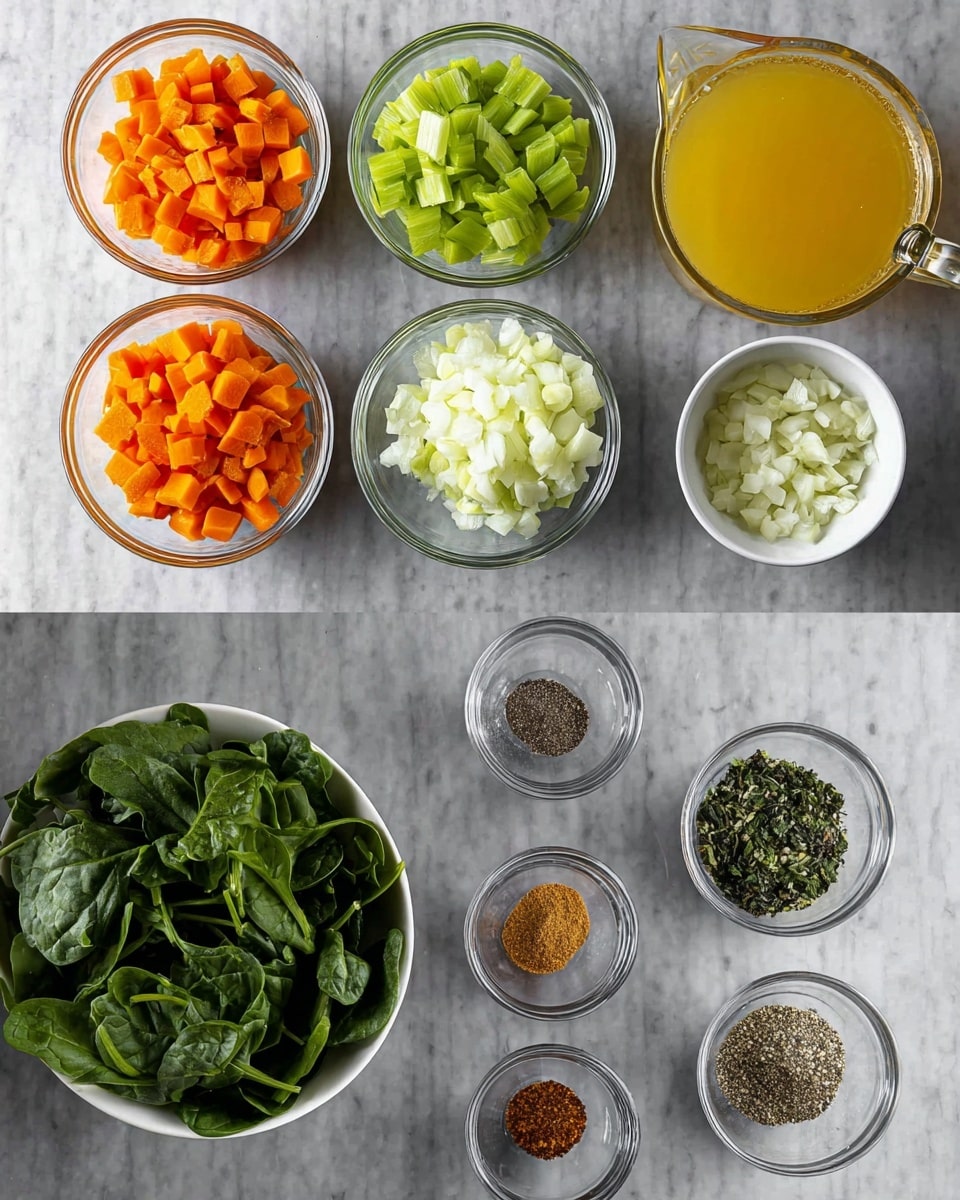 The image shows two rows of glass and white bowls arranged on a white marbled surface. In the top row, from left to right, there are four clear glass bowls filled with chunky chopped bright orange carrots, light green celery pieces, minced white garlic, and finely chopped white onions. The bottom row features a larger clear glass bowl filled with fresh green spinach leaves, a white bowl with dark green leafy pieces, and six small clear glass bowls with various dry spices in shades of brown and one with salt and black pepper. On the right side, a glass measuring cup filled with yellow broth is visible. Photo taken with an iphone --ar 4:5 --v 7