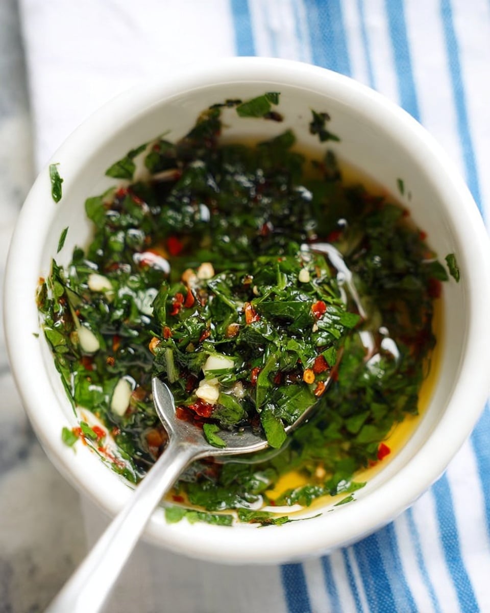 A close-up top view of a small white ceramic bowl filled with a mixture of chopped fresh green herbs, visible small white garlic pieces, and red chili flakes in clear olive oil, with the mixture coating the inside of the bowl. A blurred silver fork is partially dipped into the mixture. The bowl is placed on a blue and white striped cloth with a faint white marbled texture background. Photo taken with an iphone --ar 4:5 --v 7