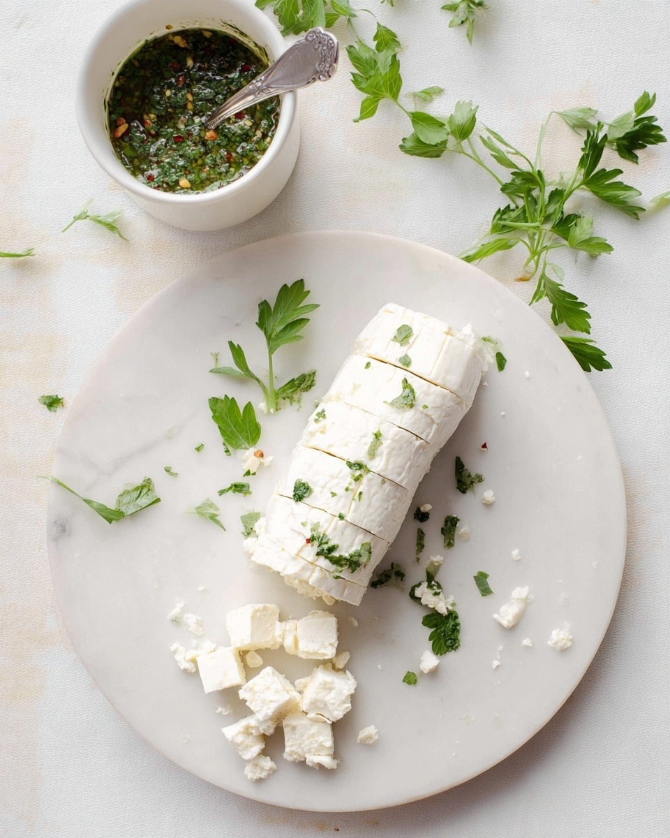 A white plate on a white marbled surface holds a log of soft white cheese sliced into small square pieces along its length and width, with some crumbled bits around it. Green parsley leaves are scattered around the plate and surface for garnish. Above the plate, a white cup contains green herb sauce with visible chopped parsley and red pepper flakes, with a silver fork inside. The background is light and minimal, adding freshness to the scene. Photo taken with an iphone --ar 4:5 --v 7