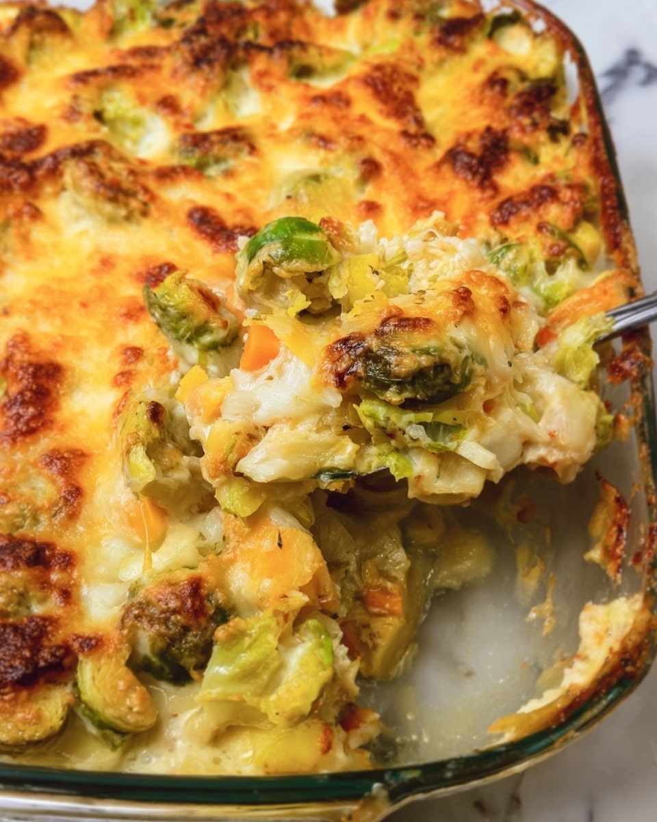 A close-up view of a baked casserole filled with several layers including bright green Brussels sprouts mixed with small pieces of light yellow and orange vegetables, all covered by a thick, golden-brown melted cheese layer that is bubbly and slightly crispy in some areas. The dish is served in a clear glass baking dish resting on a white marbled surface. A metal serving spoon is scooping out a portion, showing the layers inside with vegetables and cheese melting together. The overall texture looks creamy with slightly browned cheese spots on top photo taken with an iphone --ar 4:5 --v 7