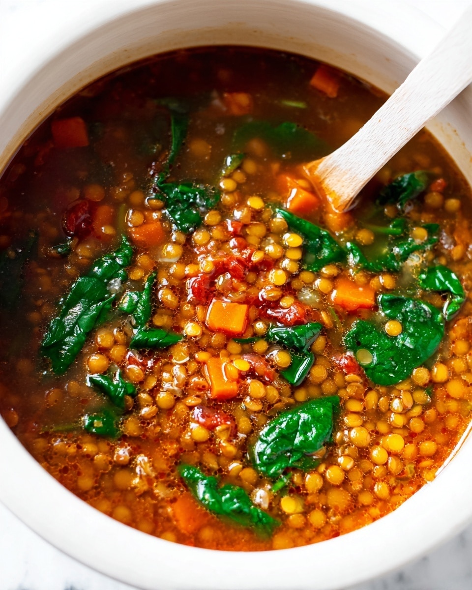 The image shows a white bowl filled with lentil soup that has three main visible layers: the clear, reddish-brown broth with a slightly oily surface, small yellow lentils and diced orange carrots in the middle, and fresh dark green spinach leaves scattered on top. A wooden spoon with a white handle is stirring or resting inside the soup, positioned toward the upper right. The soup has a textured look with small bits of vegetables and lentils visible throughout, and the bowl sits against a white marbled surface. photo taken with an iphone --ar 4:5 --v 7