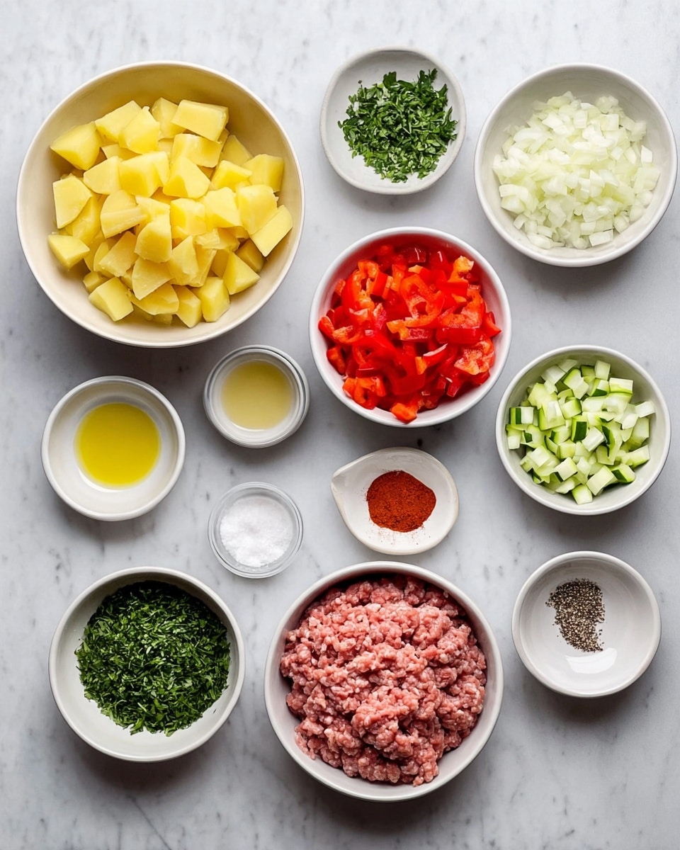 The image shows a top view of multiple white bowls arranged neatly on a white marbled surface, each containing different ingredients. On the left side, there is a large bowl filled with chopped yellow potatoes, and a smaller bowl above it with chopped green herbs. Next to them, a bowl with finely chopped white onions is placed beside a small bowl with minced garlic. Moving right, there is a bowl with bright red chopped bell peppers, and a bowl with raw ground meat that has a light pink color and soft texture. Above these, there is a small bowl with olive oil, a small dish with salt, another small bowl with shredded green cucumber, a small dish of red powder, a small dish with black pepper, and a bowl with white coarse salt mixed with pepper. The ingredients are well arranged, showing a clear variety of colors and textures. photo taken with an iphone --ar 4:5 --v 7