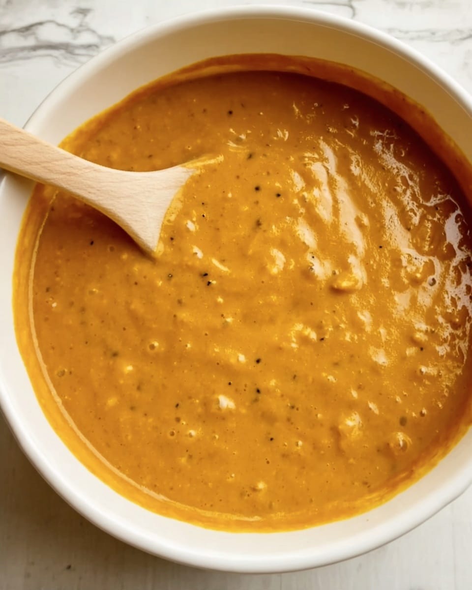 A close-up view of a white bowl filled with a thick, smooth orange batter that has small lumps and dark specks evenly spread throughout. A wooden spoon with a pale handle is partially dipped into the batter on the left side of the bowl. The bowl is placed on a white marbled surface. The texture of the batter looks creamy and dense but soft. photo taken with an iphone --ar 4:5 --v 7