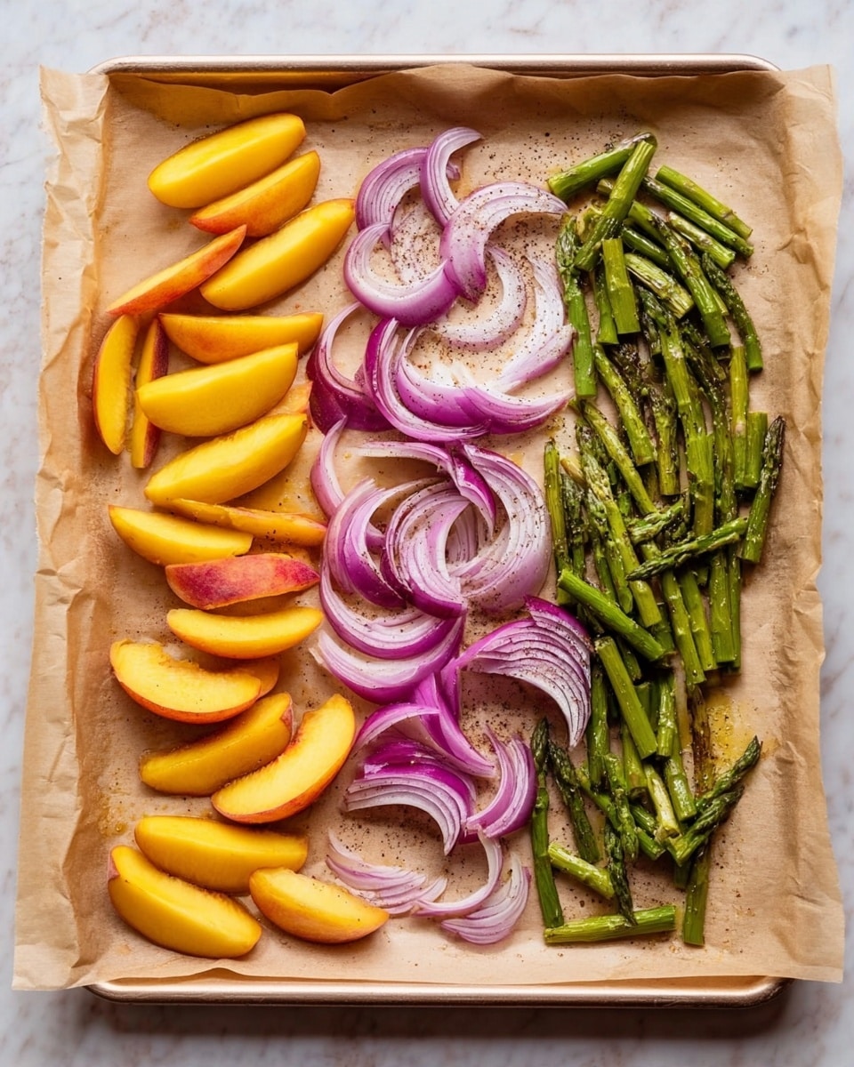 A baking tray lined with parchment paper holds three groups of fresh, sliced ingredients neatly arranged side by side. On the left, there are bright orange-yellow peach wedges, smooth and glossy with soft edges. In the middle, thin rings of red onion show layers of purple and white with a slightly translucent look. On the right, short green asparagus pieces with rough texture and tips are sprinkled with black pepper. The tray rests on a white marbled surface. photo taken with an iphone --ar 4:5 --v 7