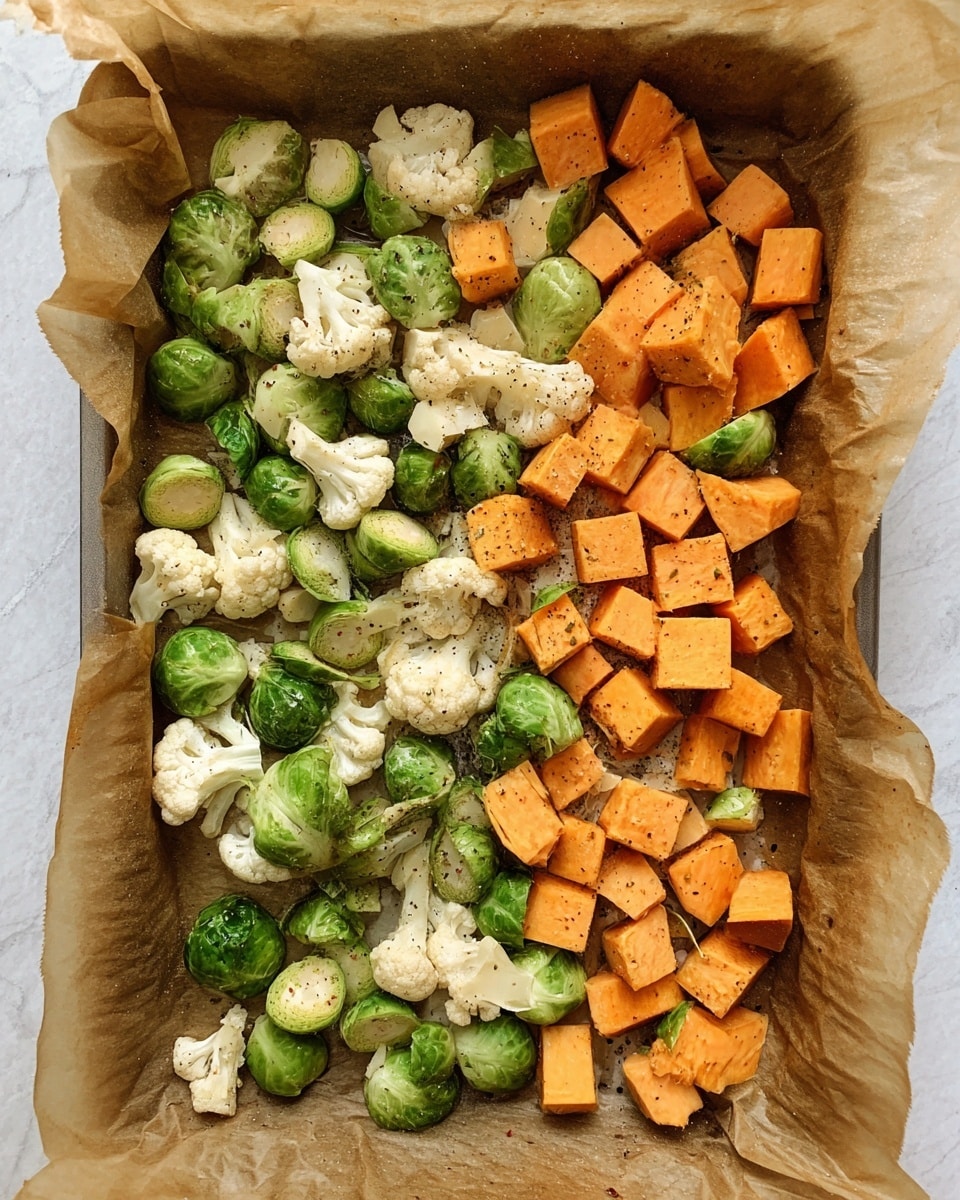 This image shows a tray lined with brown parchment paper on a white marbled surface, filled with three types of raw vegetables scattered evenly. There are small green Brussels sprouts, some whole and some halved showing a pale interior; off-white cauliflower florets with a slightly rough texture; and orange cubed sweet potatoes with smooth edges. The vegetables are sprinkled with seasoning that looks like black pepper, giving small dark specks on the surfaces. photo taken with an iphone --ar 4:5 --v 7