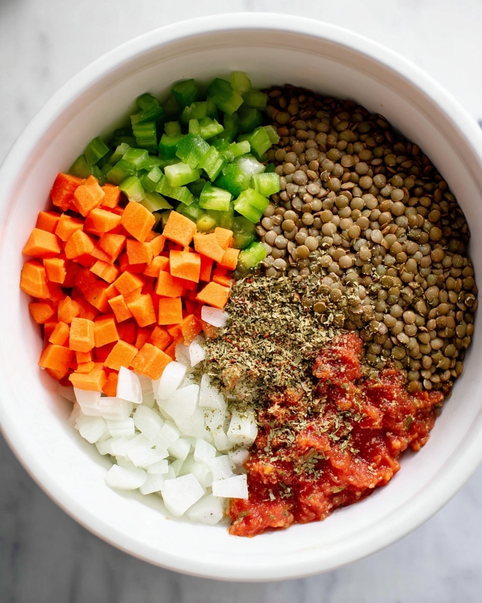 Inside a white bowl, there are five main layers closely placed next to each other. On the right side, there is a layer of greenish-brown lentils with a dry texture. Next to it on the left, there is a layer of bright green celery pieces that are small and diced. Beneath the celery, at the bottom left, there are vibrant orange carrot cubes. Below the carrots, at the bottom left corner, there is a layer of finely chopped white onions. On the bottom right corner, there is a chunky red tomato mixture with herbs and spices sprinkled between the layers, adding a touch of earth tone. The entire bowl is set on a white marbled surface. Photo taken with an iphone --ar 4:5 --v 7