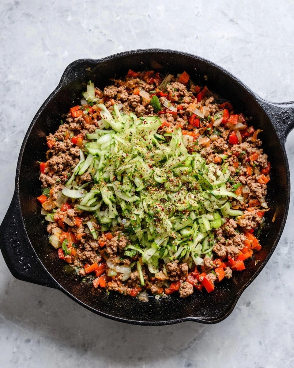 A black cast iron pan filled with a mix of cooked ground meat and small diced red bell peppers and onions covering the whole base. On top, there is a middle layer of thin green cucumber strips and light minced garlic pieces, along with scattered dry spices in tones of white, green, and reddish-brown sprinkled over the ingredients. The background is a white marbled surface. photo taken with an iphone --ar 4:5 --v 7