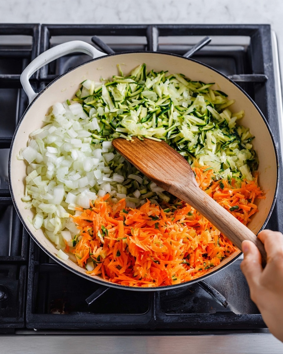 A white cast iron skillet on a stove holds three layers of chopped vegetables placed separately: the bottom left layer is diced white onions, the top layer is shredded green zucchini, and the bottom right layer is shredded bright orange carrots. A woman's hand is holding a wooden spatula, stirring the vegetables together at the center of the skillet. The stove and skillet create a home kitchen setting with the background as a white marbled texture photo taken with an iphone --ar 4:5 --v 7