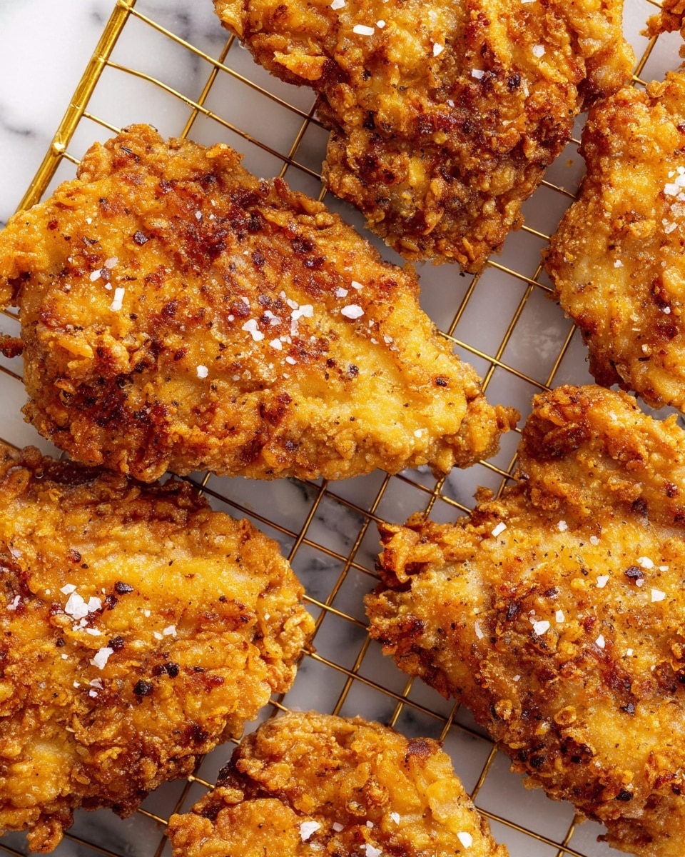 The image shows several pieces of golden brown fried chicken laid out on a gold wire rack over a white marbled surface. Each piece has a crispy textured outer layer with a mix of rough and small crunchy bits, and there are coarse salt flakes sprinkled on top, adding a shiny white contrast. The colors range from light golden yellow to deeper brown spots where the chicken is more cooked, showing an uneven but appetizing crispiness. Photo taken with an iphone --ar 4:5 --v 7