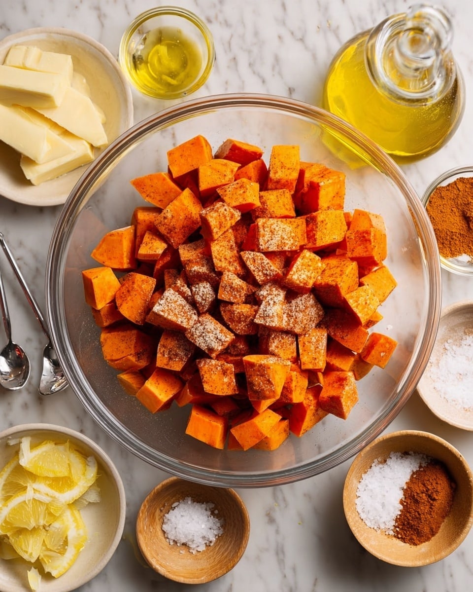 A large clear glass bowl filled with bright orange cubed sweet potatoes covered with light brown and white spices sitting on a white marbled surface, around the bowl there are small dishes and containers with white salt, yellow lemon zest, sticks of butter, oil in a clear bottle, and brown spice powder in measuring spoons and bowls. photo taken with an iphone --ar 4:5 --v 7
