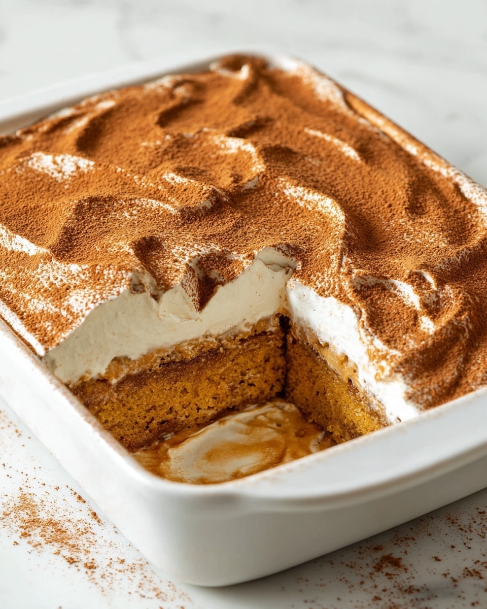 The image shows a close-up of two pieces of moist pumpkin cake on a white marbled surface. Each piece has two layers: a thick, dense orange-brown pumpkin cake base with a soft, crumbly texture, and a smooth white cream layer on top dusted with a fine layer of brown cinnamon powder. The cream slightly drips over the edges, mixing with some syrupy liquid pooling at the bottom. A blurred fork with a bite of cake is visible in the foreground, all under soft natural light. photo taken with an iphone --ar 4:5 --v 7