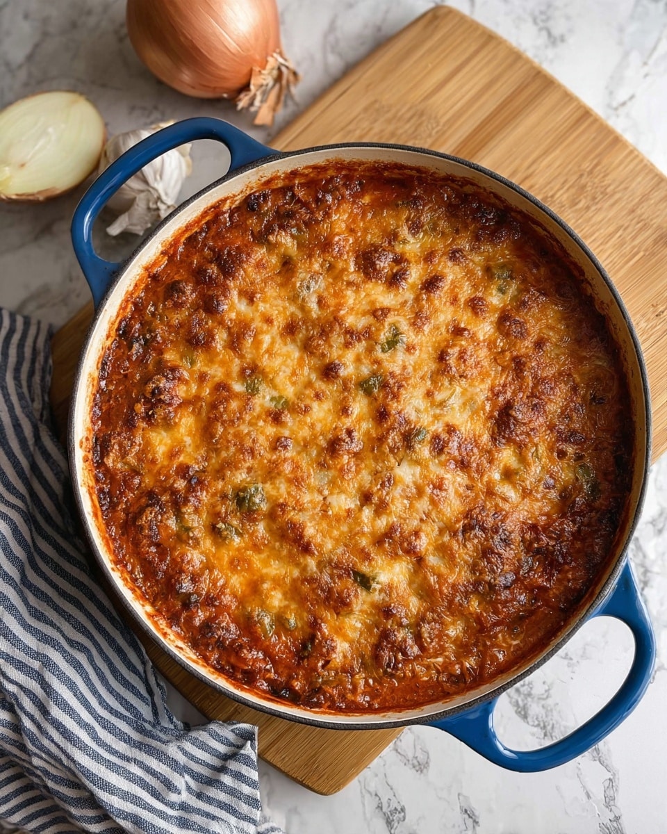 A round blue cast iron pot with a white inside is filled with a thick, baked dish. The top layer is golden brown melted cheese with darker browned spots and some green pepper pieces mixed throughout. The dish looks bubbly and textured with bits of red tomato sauce visible under the cheese. The pot rests on a wooden board, placed on a white marbled surface. A striped kitchen towel is visible to the left and a whole onion with garlic cloves is on the right side of the surface photo taken with an iphone --ar 4:5 --v 7