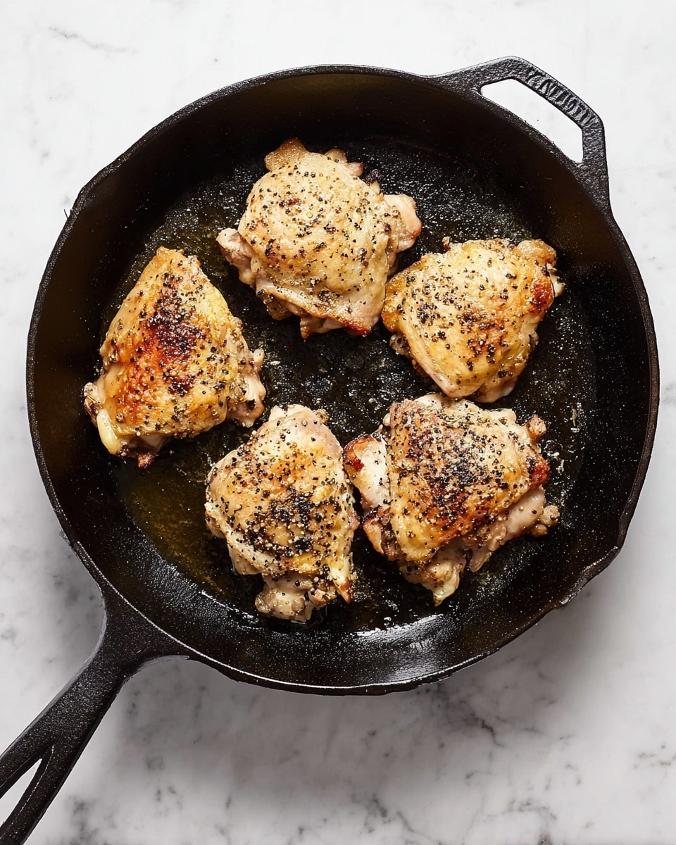 A black cast iron pan holds four pieces of cooked chicken thighs, each browned with specks of black pepper and a slight golden crust showing on the surface. The chicken pieces are scattered roughly in the center of the pan, which has a slight sheen of oil around them. The pan sits on a white marbled surface, highlighting the dark color of the pan and the warm, light tones of the chicken. photo taken with an iphone --ar 4:5 --v 7