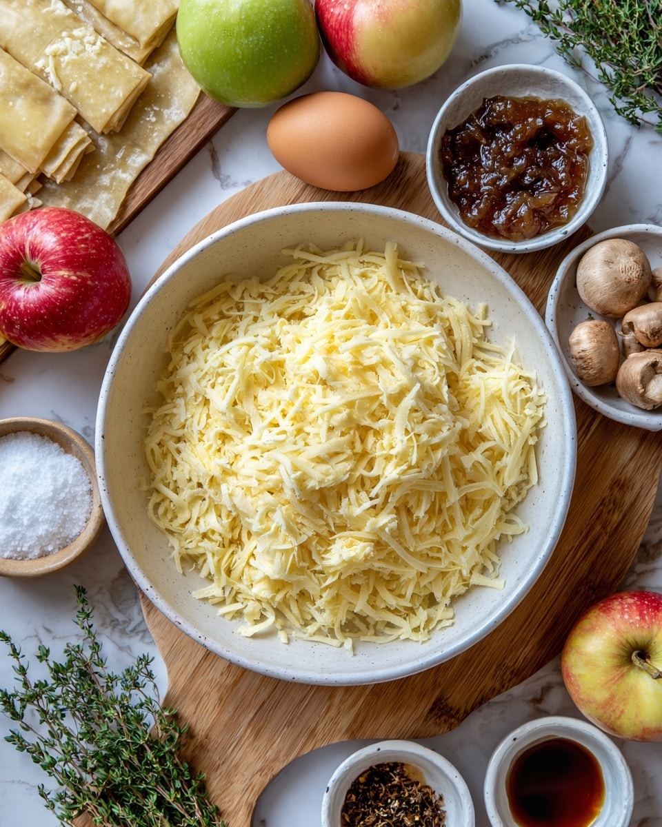 The image shows a white bowl filled with shredded pale yellow Gruyère cheese sitting on a wooden board with puff pastry sheets placed underneath it. Around the bowl and board, there are two red and green apples, a brown egg, and small white bowls containing flaky sea salt, olive oil, balsamic vinegar, and brown caramelized onion jam with fresh thyme sprigs beside it. Thin shreds of cheese and a white marbled surface form the background, with a sense of organized ingredients for cooking. Photo taken with an iphone --ar 4:5 --v 7