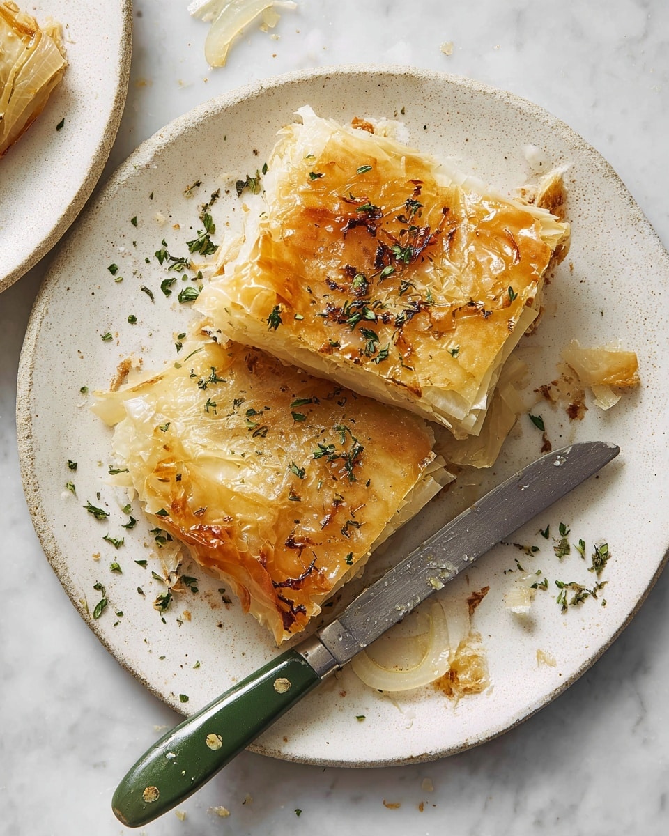 The image shows three square puff pastries on white plates with a white marbled surface underneath. Each pastry has a golden, flaky crust base with a layer of soft, caramelized onions in the middle, topped with melted cheese that is light golden brown with some crispy edges. Small green thyme leaves and coarse salt crystals are sprinkled evenly on top and around the pastries. There are also small black peppercorns scattered lightly across the top. The background includes part of a metal tray with a parchment paper holding other pastries. The overall colors are warm yellows and browns with fresh green herb accents. Photo taken with an iphone --ar 4:5 --v 7