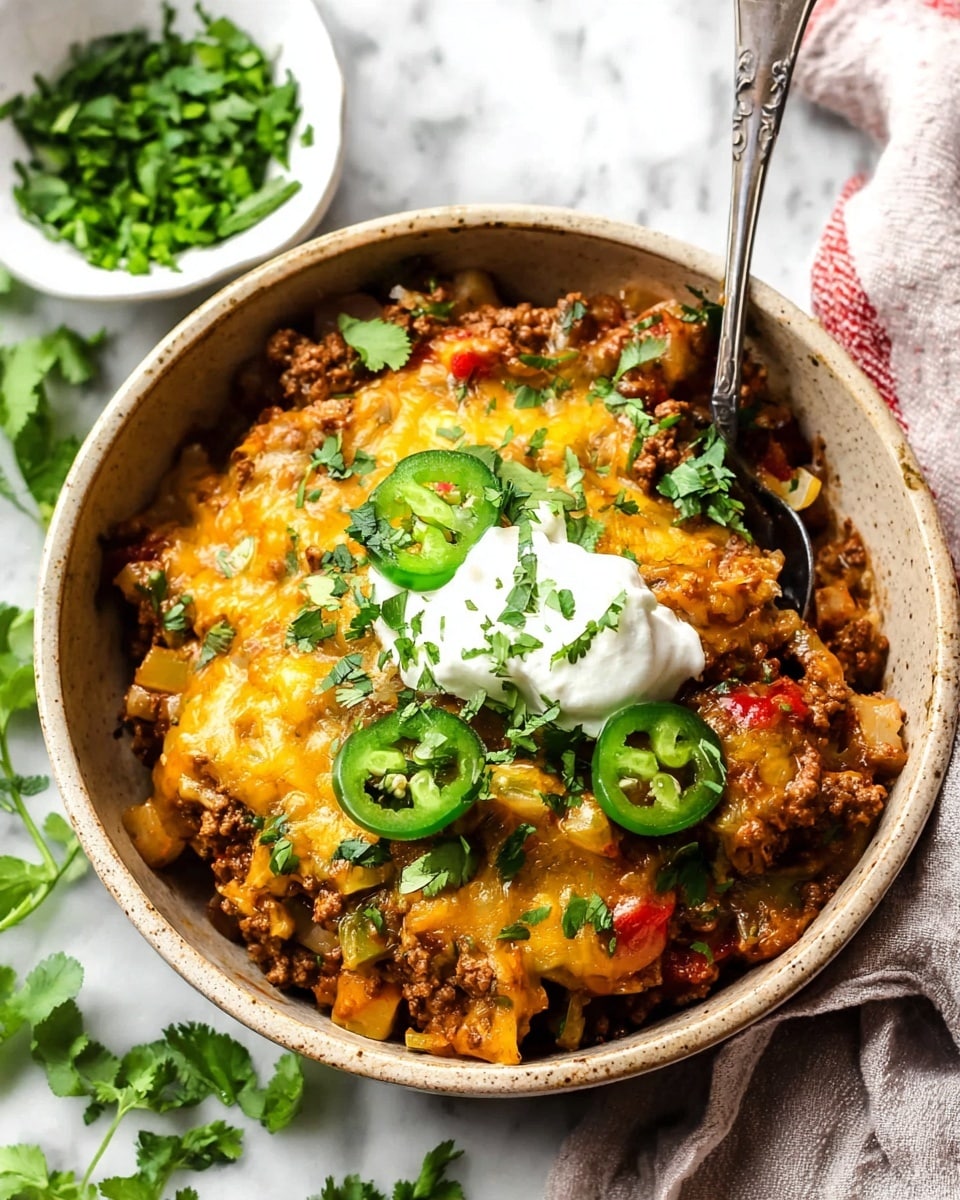 A rustic beige bowl sits on a white marbled surface, filled with a layered dish starting with browned ground meat and diced vegetables forming the base. On top of this, melted yellow and orange cheese blankets the surface, with green jalapeño slices and chopped cilantro sprinkled generously over it. In the center, a dollop of white sour cream is placed, garnished with additional green herbs. A silver spoon is partially inside the bowl, ready for serving. In the background, a small white bowl with fresh chopped green herbs adds a fresh touch. photo taken with an iphone --ar 4:5 --v 7