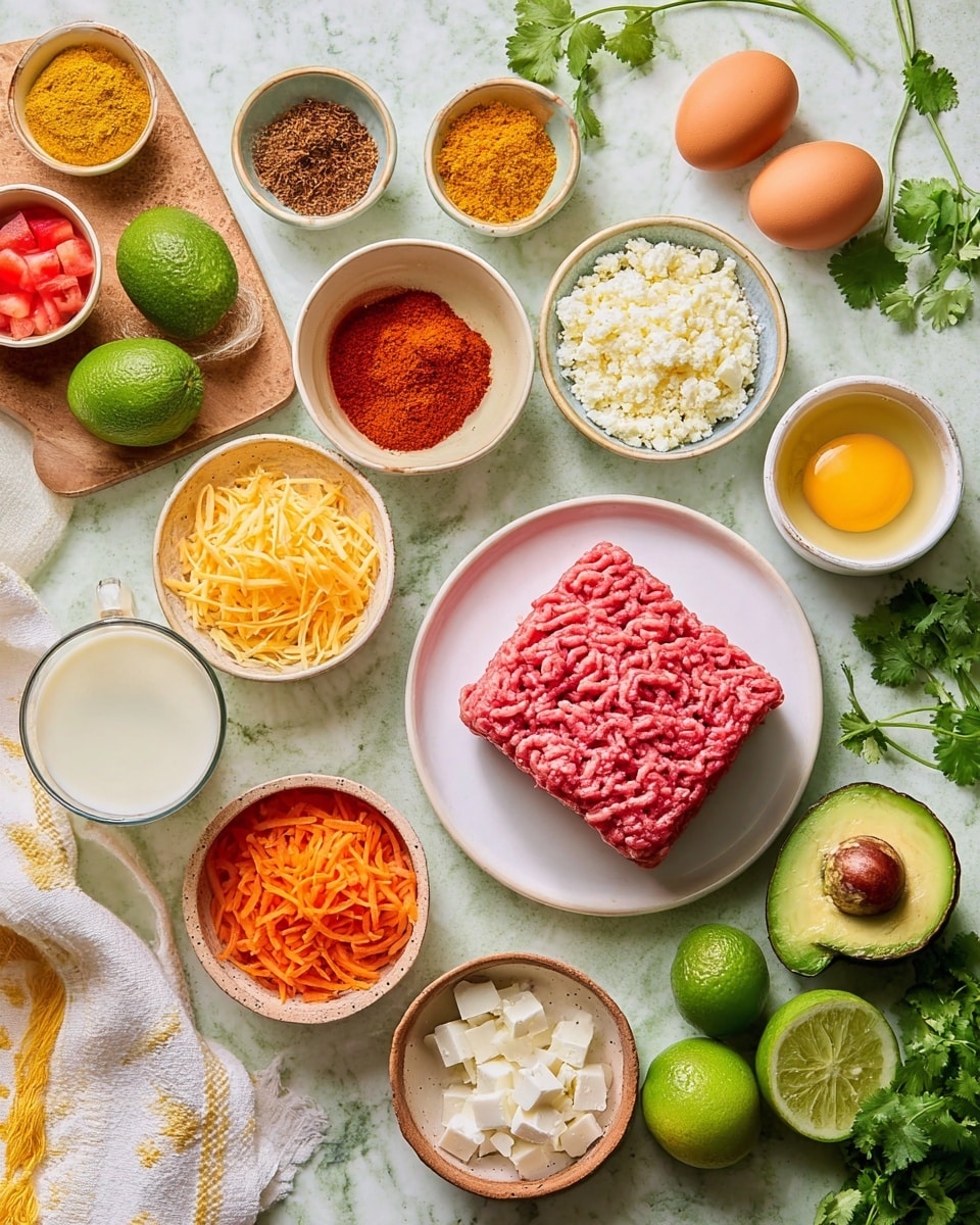 A top-down view shows many small white bowls and a white plate arranged on a white marbled surface, each holding different ingredients. The white plate holds a block of raw ground beef with a textured pink surface. Around it are bowls filled with colorful spices including red, yellow, and brown powders, bright orange shredded carrots, smooth white cream, fresh green cilantro leaves, grated white cheese, a dark green avocado, lime wedges, two brown eggs, diced red tomatoes, soft white crumbled cheese, and a cup of light yellow liquid. Some bowls rest on a small wooden board, and a white cloth with yellow detail is on the left side. A few sprigs of cilantro are scattered on the surface. Photo taken with an iphone --ar 4:5 --v 7