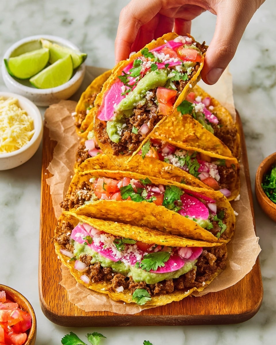 Four tacos arranged on a wooden board lined with parchment paper on a white marbled surface, each taco shell golden brown and slightly crispy. Inside each shell, there is a bottom layer of cooked ground meat, topped with a green creamy sauce, bright pink pickled onions, red diced tomatoes, green cilantro leaves, and bits of white cheese sprinkled on top. A woman's hand is holding one taco above the board, showing the colorful layers inside clearly. In the background, small white and wooden bowls hold lime wedges, cheese, and salsa with some cilantro nearby. The photo taken with an iphone --ar 4:5 --v 7