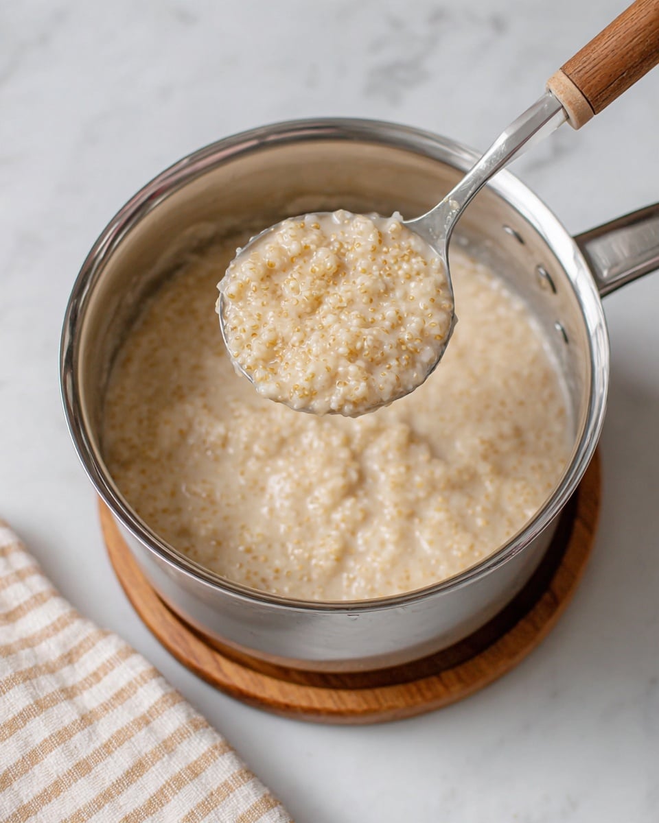 A close-up view of a silver pot filled with creamy cooked pearl millet porridge with a thick, slightly lumpy texture, showing visible small grain pieces in a light beige, creamy liquid base. Above the pot, a metal spoon with a wooden handle holds a scoop of the porridge, highlighting the same grainy and soft texture. The pot is placed on a round wooden trivet on a white marbled surface, with a beige and white checkered cloth partially visible on the bottom left side. photo taken with an iphone --ar 4:5 --v 7