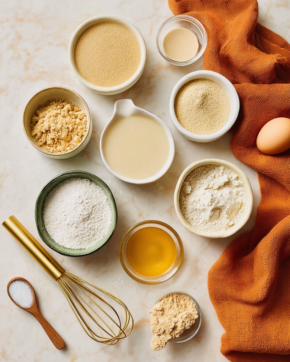 The image shows a top view of various small white bowls and clear glass containers arranged on a white marbled surface, each filled with different baking ingredients in powder, liquid, or foam form. There are seven containers with mixtures in beige, white, cream, and light brown colors, and one wooden spoon with powder next to a small white bowl of golden liquid. On the right side, there is an orange cloth partially folded, with a golden whisk and an egg placed on the surface nearby. The scene is bright and clean, focused on the careful arrangement of ingredients for baking. photo taken with an iphone --ar 4:5 --v 7