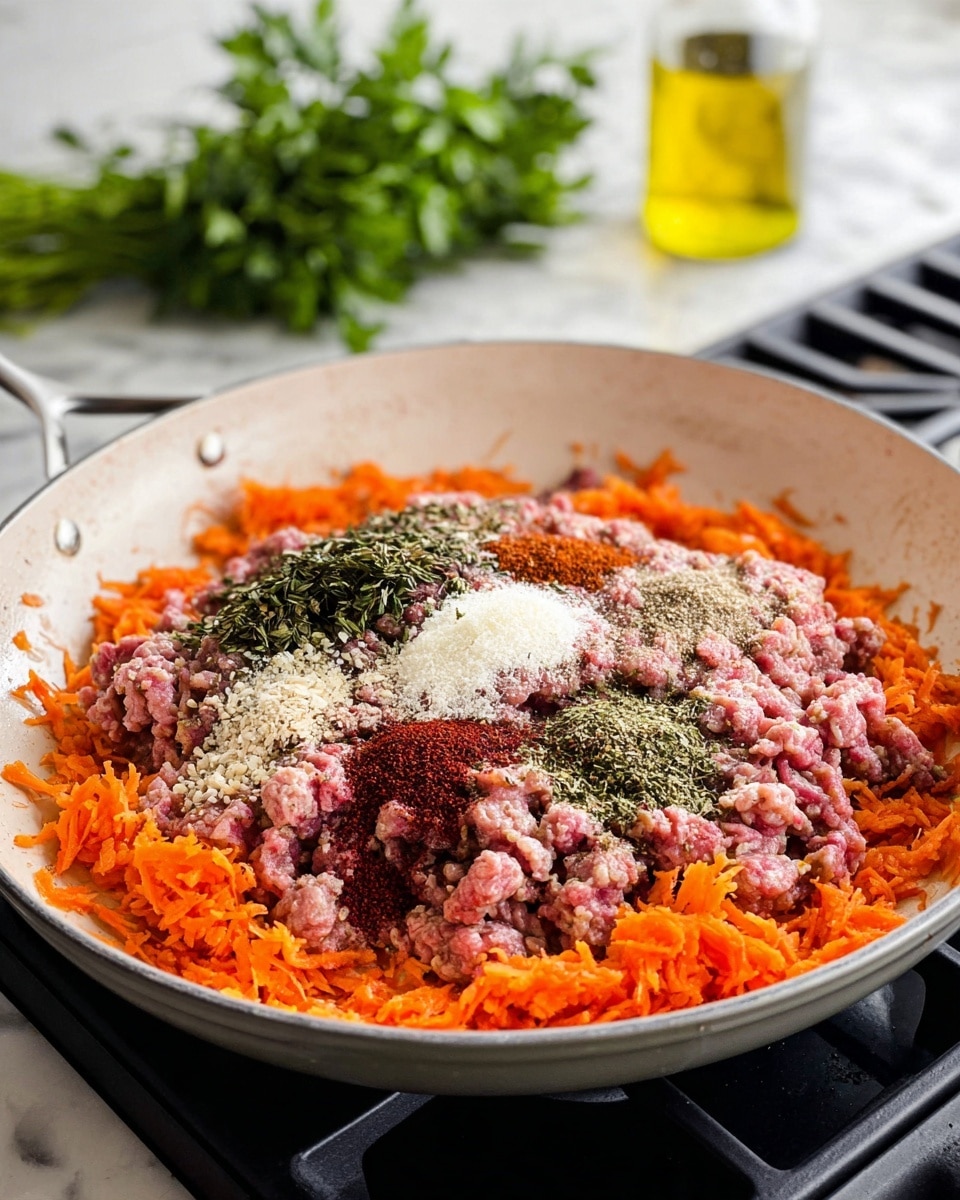 A white cast iron skillet on a stove top holds a mix of several layers starting with a base layer of bright orange grated carrots spread evenly on the bottom. On top of the carrots is a thick layer of raw ground meat that is pink with a slightly coarse texture. Scattered over the raw meat are various dry spices in small piles including red paprika powder, white granulated powder, and green dried herbs, creating a colorful mix in the center. The scene has a clean white marbled surface in the background with a glass bottle of yellow oil and fresh green parsley leaves blurred nearby. photo taken with an iphone --ar 4:5 --v 7