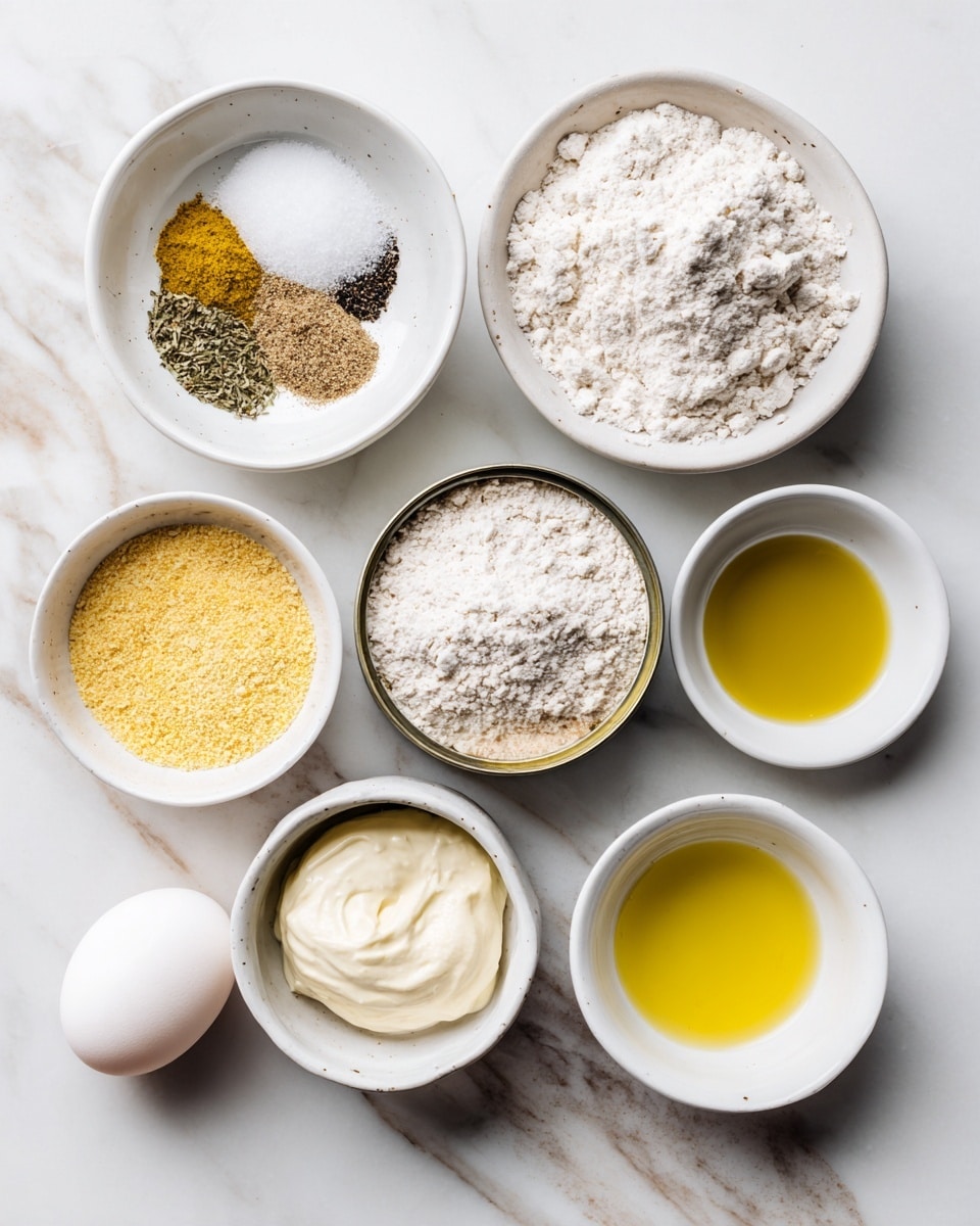 The image shows seven small bowls and one white egg, all arranged on a white marbled surface. The top left bowl contains a mix of seasonings with different sections of white salt, yellow garlic powder, and black pepper. To the right is a white bowl filled with white flour, and below it is a white bowl with yellow cornmeal. In the center is an open can with light brown canned salmon. To the right of the can is a white bowl with a light golden oil. Below the oil is a white bowl with creamy mayonnaise. At the bottom left of the image is a white egg. All items are cleanly arranged and clearly labeled in black text. photo taken with an iphone --ar 4:5 --v 7