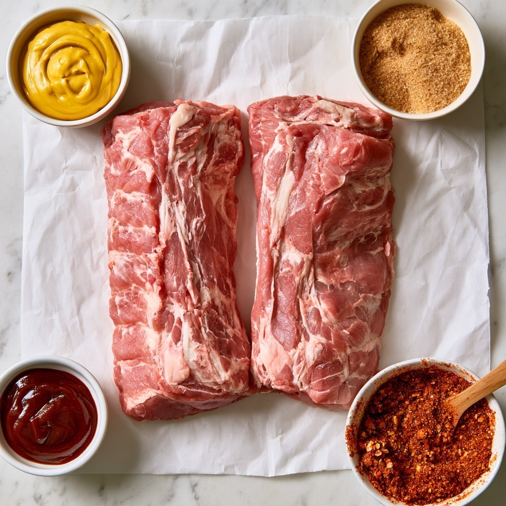 The image shows two large pieces of raw pink pork loin ribs with white fat marbling, lying side by side on a white sheet of parchment paper over a white marbled surface. Around the ribs, there are four small white bowls: one filled with bright yellow mustard, one with dark reddish-brown BBQ sauce, one with light brown granulated brown sugar, and one with a reddish-brown rib rub mix containing various spices with a small wooden spoon resting in it. The ribs are the main focus, centered in the image, with the bowls arranged around them. photo taken with an iphone --ar 4:5 --v 7