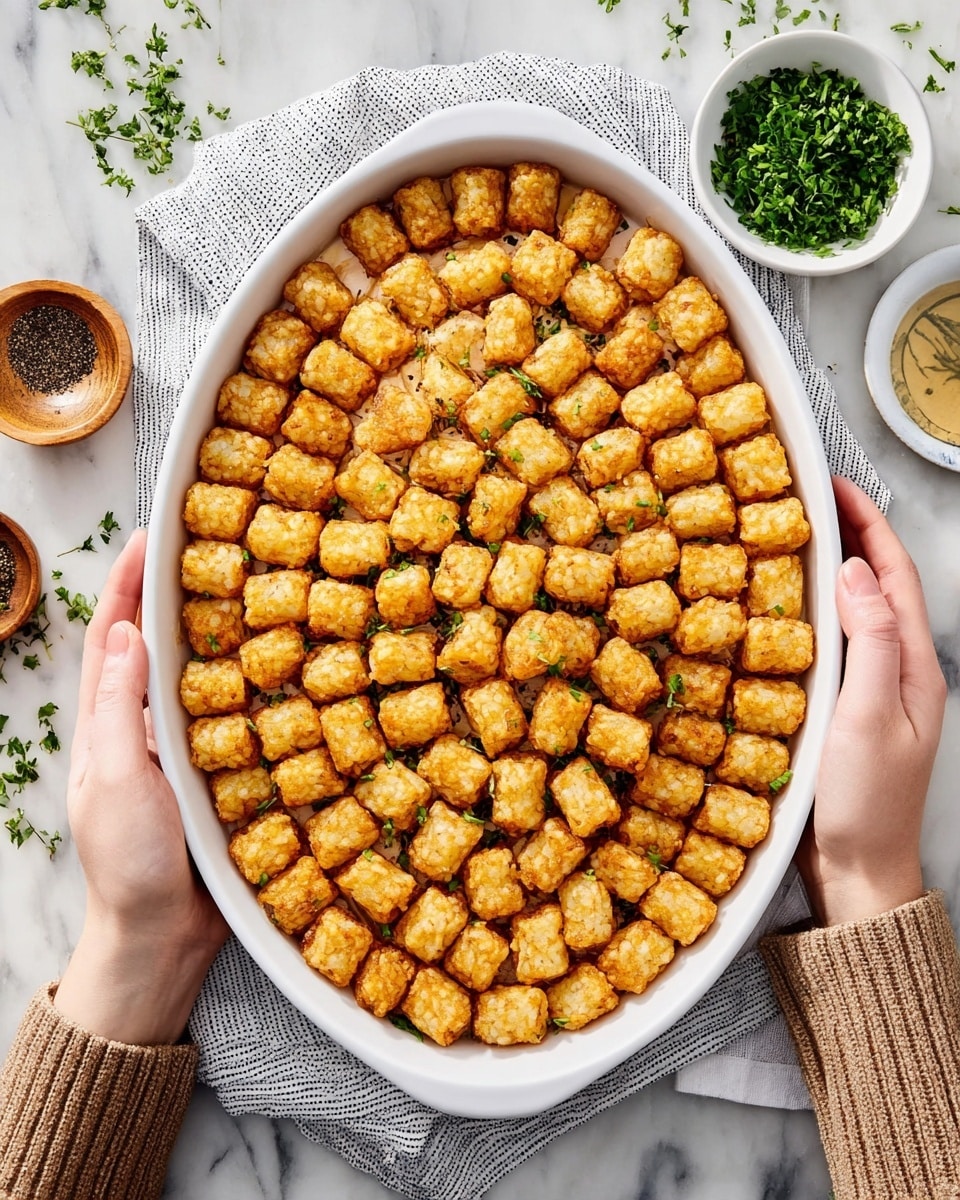 An oval white dish filled with many small, golden-brown tater tots arranged tightly in neat, curved layers covering the whole dish. Each crispy tater tot shows a crunchy texture on the outside. The dish is held by two woman's hands on each side, resting on a striped white and gray cloth. Nearby, a small white bowl holds green chopped herbs, and a small wooden bowl contains black pepper on a white marbled surface with scattered herbs and pepper. Photo taken with an iphone --ar 4:5 --v 7
