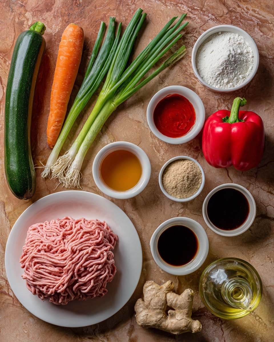 The image shows ingredients laid out on a brown wooden surface with a white marbled texture background. There is a white plate at the bottom left with a large layer of pink ground turkey, its lines clearly visible and textured. To the top left of the plate are whole vegetables: a dark green zucchini next to an orange carrot, both smooth and shiny, and several bright green onions with white bulbs and fresh green tops. On the right side are small white bowls and cups arranged in three rows: at the top is a white bowl with white corn starch and a clear small bowl filled with bright red sriracha sauce; below is a white bowl with amber sesame oil, next to a bright red bell pepper showing a green stem and shiny surface; below that is a white bowl with dark low-sodium soy sauce, next to a white bowl with almost clear rice vinegar. On the bottom row near the plate are a white bowl with light brown packed brown sugar, a beige textured piece of ginger root, a white bowl with light powder of garlic powder, and a clear glass cup filled with water. A clear glass bottle of oil with a greenish hue sits on the bottom right part of the scene. All items have clear focus and vibrant colors. photo taken with an iphone --ar 4:5 --v 7