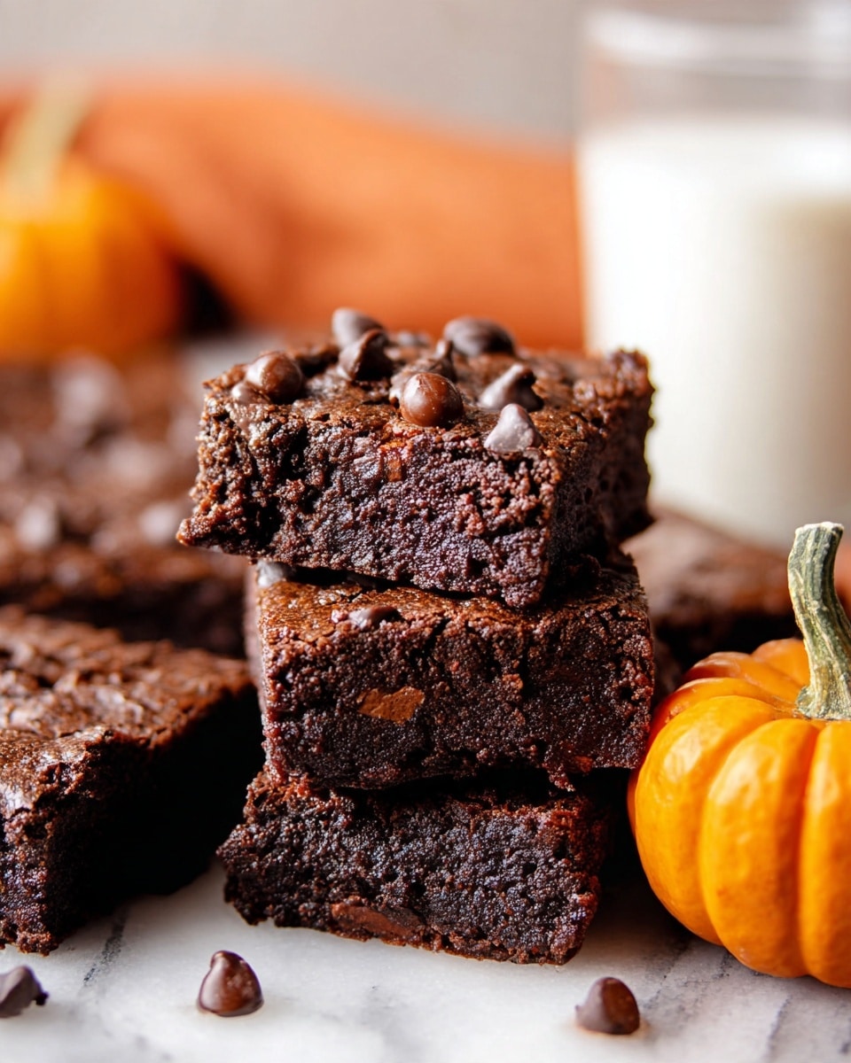 Several pieces of dark brown brownies are stacked on top of each other, showing a soft, moist, and slightly crumbly texture inside. The top layer of each brownie has melted chocolate chips scattered unevenly, creating a bumpy surface with some shiny spots. One piece is placed upright to show the inside clearly, revealing the dense and rich chocolate texture. To the right, there is a small orange pumpkin with a light green stem, and a blurred glass of milk is visible in the background. The scene sits on a white marbled surface with soft lighting emphasizing the texture and freshness of the brownies. Photo taken with an iphone --ar 4:5 --v 7