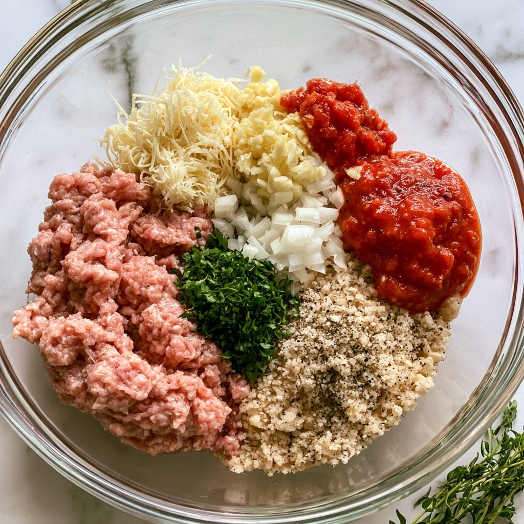 A clear glass bowl sits on a white marbled surface with seven distinct layers inside it. The first layer is a light pink ground meat positioned on the left side. Above that and slightly to the right is a small pile of finely grated pale yellow cheese with a stringy texture. Next to the cheese on the top right is a dollop of bright red sauce with a slightly rough texture. Below the sauce, there is a granular beige layer of breadcrumbs mixed with black pepper. To the left of that is a pile of fresh green chopped herbs. Above the herbs, chopped white onions are placed in a small cluster. Finally, finely minced pale yellow garlic rests on the top center of all ingredients. A few green herb sprigs lie beside the bowl on the surface. Photo taken with an iphone --ar 4:5 --v 7