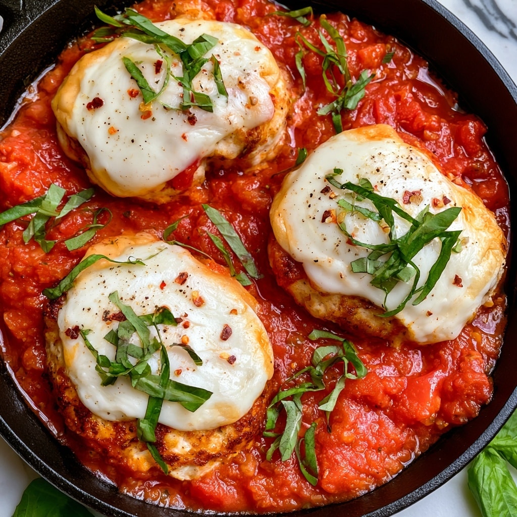 A black skillet holds four round chicken patties, each topped with a smooth, melted layer of white cheese that has a golden light brown edge. The patties sit in a thick, bright red tomato sauce with a chunky texture that spreads evenly across the bottom of the skillet. Thin strips of fresh green basil are scattered over each cheesy patty and the tomato sauce, adding a fresh contrast. Small flecks of red chili flakes and black pepper are sprinkled on top of the cheese. The skillet is placed on a surface with a white marbled texture, and a few fresh green basil leaves are visible near the edges. Photo taken with an iphone --ar 4:5 --v 7