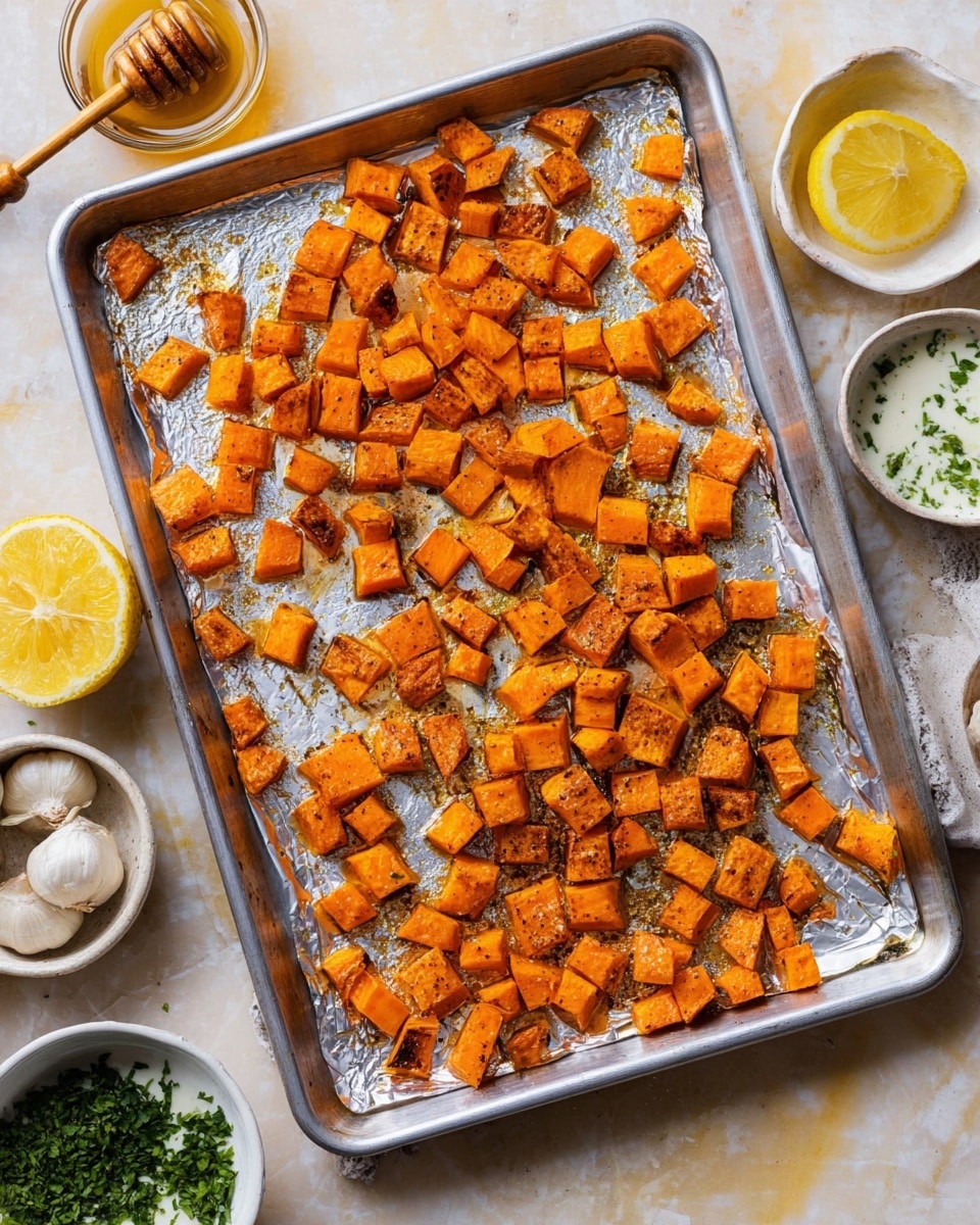 A silver baking tray lined with crumpled foil holds many small, bright orange roasted sweet potato cubes scattered evenly across the surface, some pieces showing slight browning and char marks. Around the tray are small white dishes: one with a honey dipper resting in golden honey, one half lemon with vibrant yellow flesh, one with green chopped herbs on top of a creamy white sauce, and another white dish with a small amount of dumplings or sauce. The scene is set on a light-colored, white marbled background with soft, natural lighting. photo taken with an iphone --ar 4:5 --v 7
