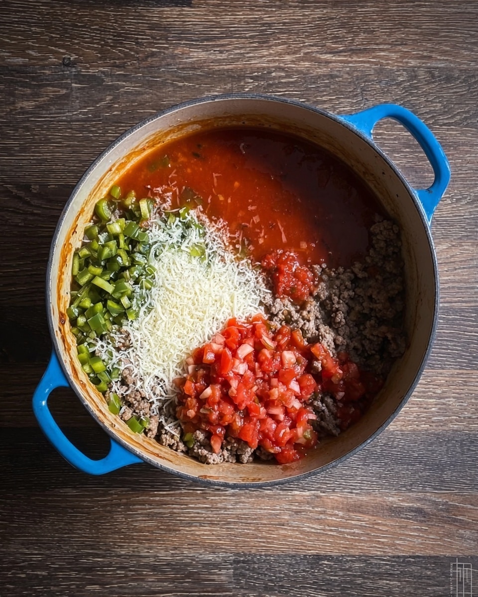 A blue handled pot filled with several layers of cooking ingredients sits on a wooden surface. The base layer contains cooked ground meat, topped with chopped green peppers scattered around. On top of this is a large layer of red tomato sauce covering the bottom left. Next to the sauce is a heap of finely diced tomatoes towards the bottom right. Above that, there is a shiny orange layer of oil or sauce and a white layer of grated cheese spread on the top side. The mixture of colors and textures shows a rich blend of ingredients preparing to be cooked. Photo taken with an iphone --ar 4:5 --v 7