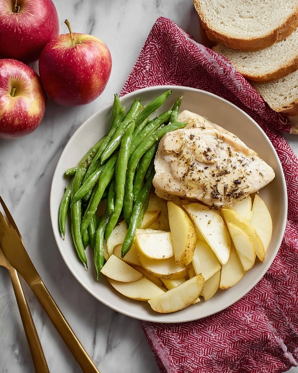 A white plate holds a simple meal with three layers. The bottom layer is thinly sliced apple pieces with a light yellow color and soft texture, arranged in a loose circle. On top of the apples lies a small, cooked chicken piece seasoned with black pepper, showing a golden-brown outside. Alongside them, green beans with a shiny, fresh texture are neatly lined up on the left side of the plate. The scene is set on a white marbled surface, with two red apples and sliced white bread nearby, and a gold fork and knife placed on a red and white cloth. Photo taken with an iphone --ar 4:5 --v 7