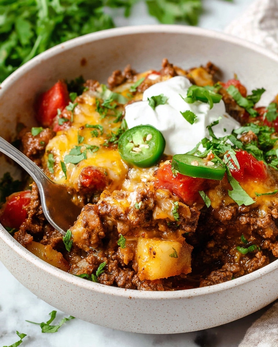 A close-up view of a white bowl filled with a layered dish starting with a base of browned ground meat mixed with melted cheese. On top, there are chunks of yellow cheese, red tomatoes, green sliced jalapeños, and fresh green herbs sprinkled throughout. A dollop of white sour cream sits on the side, partially covered by a silver fork that holds a bite-sized portion of all the layers. The bowl is set on a white marbled surface with some green herbs blurred in the background. photo taken with an iphone --ar 4:5 --v 7