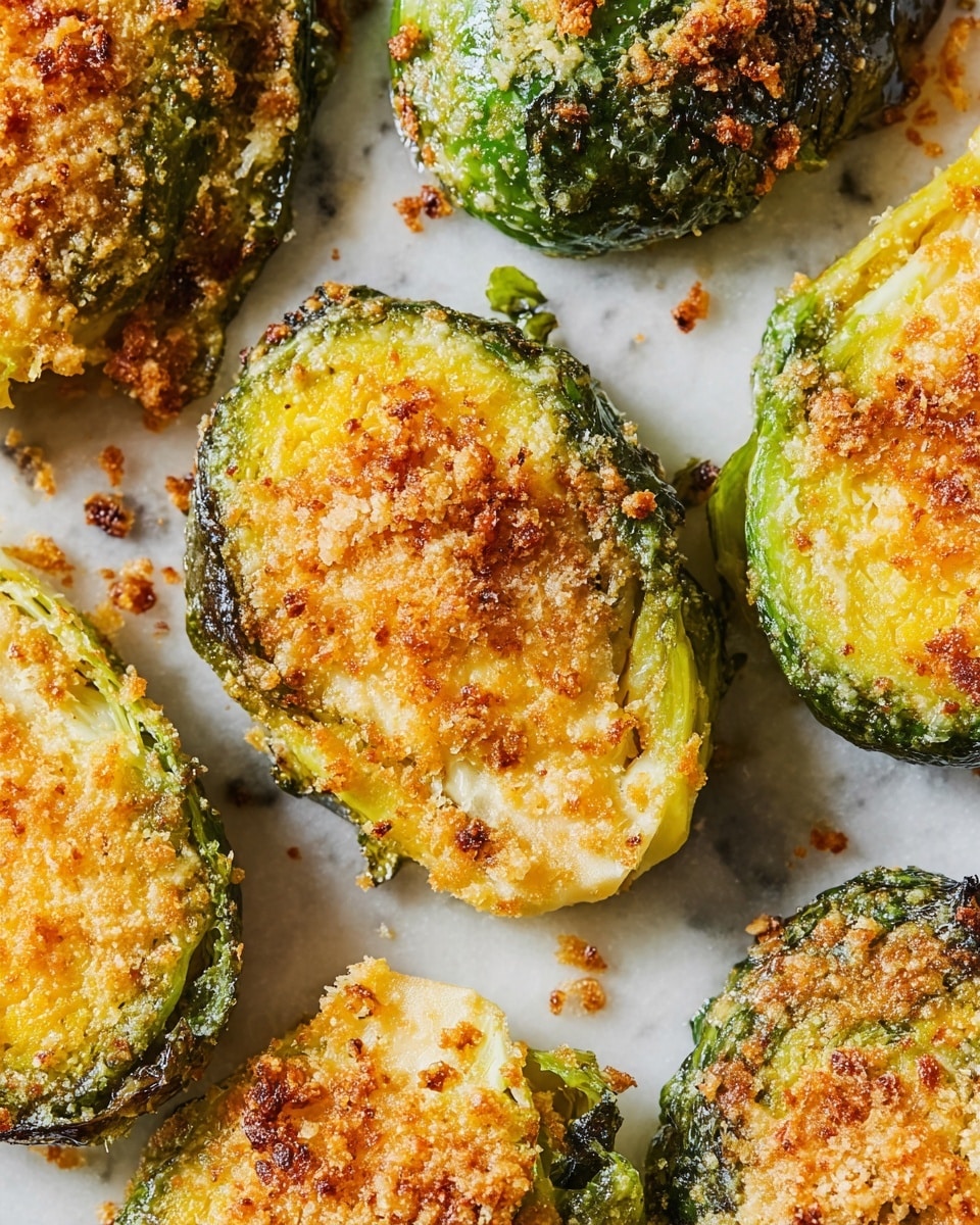A close-up view of several cooked Brussels sprout halves arranged on a white marbled surface, each showing three main layers: a bright green, slightly wrinkled outer leaf layer with crispy edges, a yellowish-green soft inner leaf layer visible where the half is slightly opened, and a golden-brown crispy grated cheese layer on top that is melted and crunchy with small browned bits scattered around. The cheese creates a textured top with a mix of light and darker toasted spots, adding an irregular, crunchy visual effect on each sprout half. photo taken with an iphone --ar 4:5 --v 7
