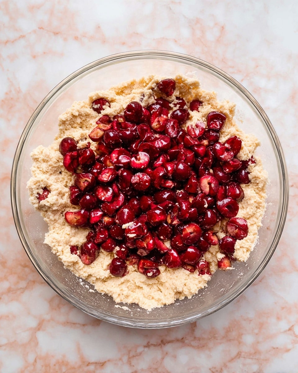 A clear glass bowl holds two visible layers. The bottom layer is pale, crumbly dough with a rough texture, filling most of the bowl. On top of this, a layer of small, juicy, deep red cherries, sliced in halves, covers the dough unevenly, creating a vibrant contrast of red and beige. The bowl is placed on a white marbled surface. photo taken with an iphone --ar 4:5 --v 7
