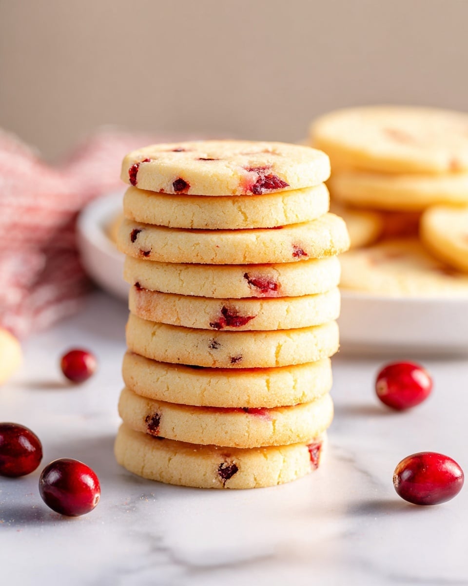 A stack of nine round cookies with a pale yellow color and small red bits baked inside, showing a smooth, slightly crumbly texture, is placed on a white marbled surface. The cookies are neatly stacked, and to the right in the background, there is a white plate with more cookies blurred softly. Around the stack, several fresh red cranberries are scattered, adding a small pop of color. The lighting is bright and natural, giving a clean, fresh feel to the image. Photo taken with an iphone --ar 4:5 --v 7