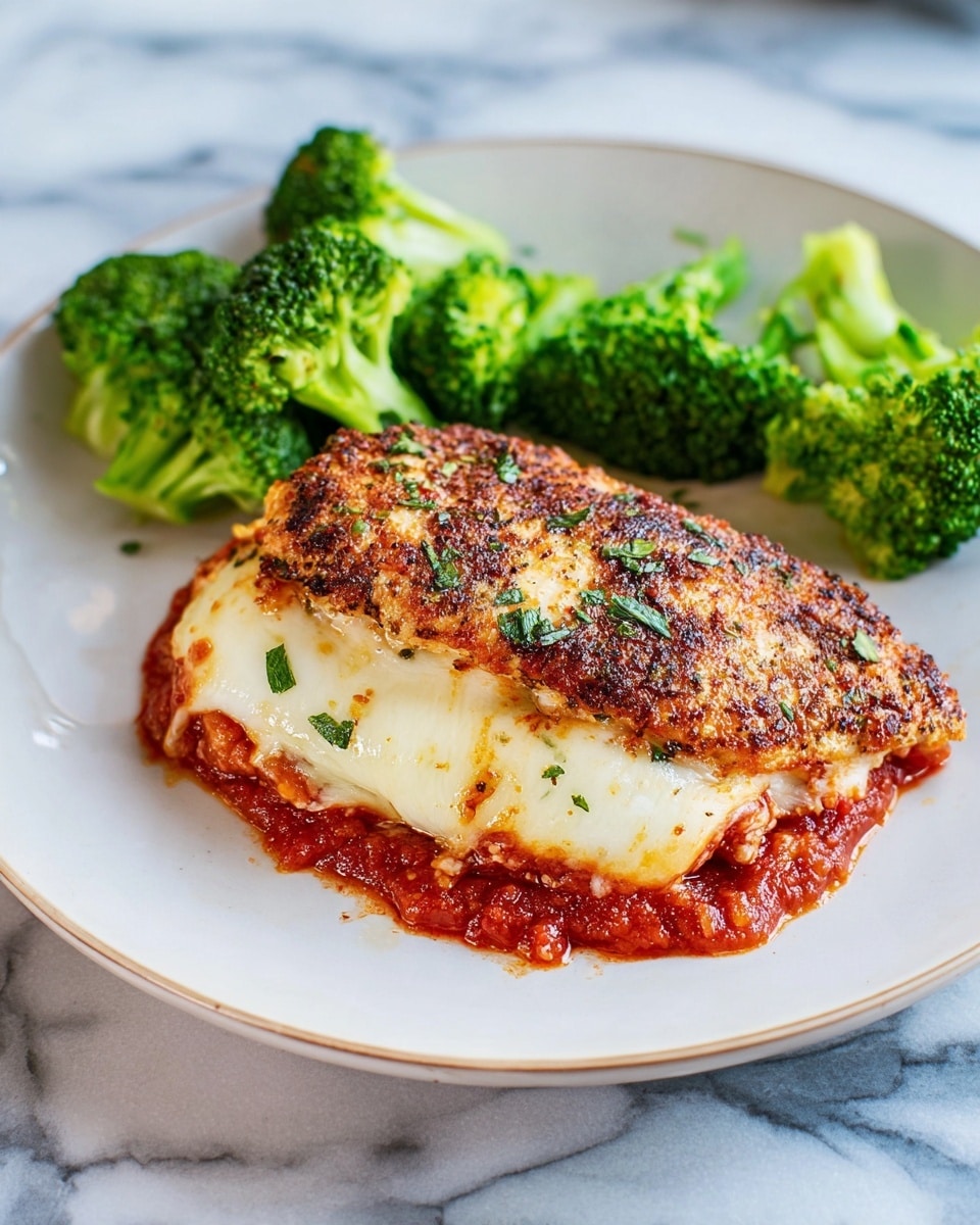A white plate holds a dish with three distinct layers and a side of broccoli. The bottom layer is a thick, chunky, reddish tomato sauce spread evenly on the plate. On top of the sauce is a smooth, melted layer of white cheese that looks creamy and soft. The top layer is a piece of browned, seasoned chicken with a slightly crispy, speckled surface and bits of green herbs scattered on it. To the side, bright green broccoli florets with a fresh texture fill the empty space on the plate. The plate is set on a white marbled surface. Photo taken with an iphone --ar 4:5 --v 7