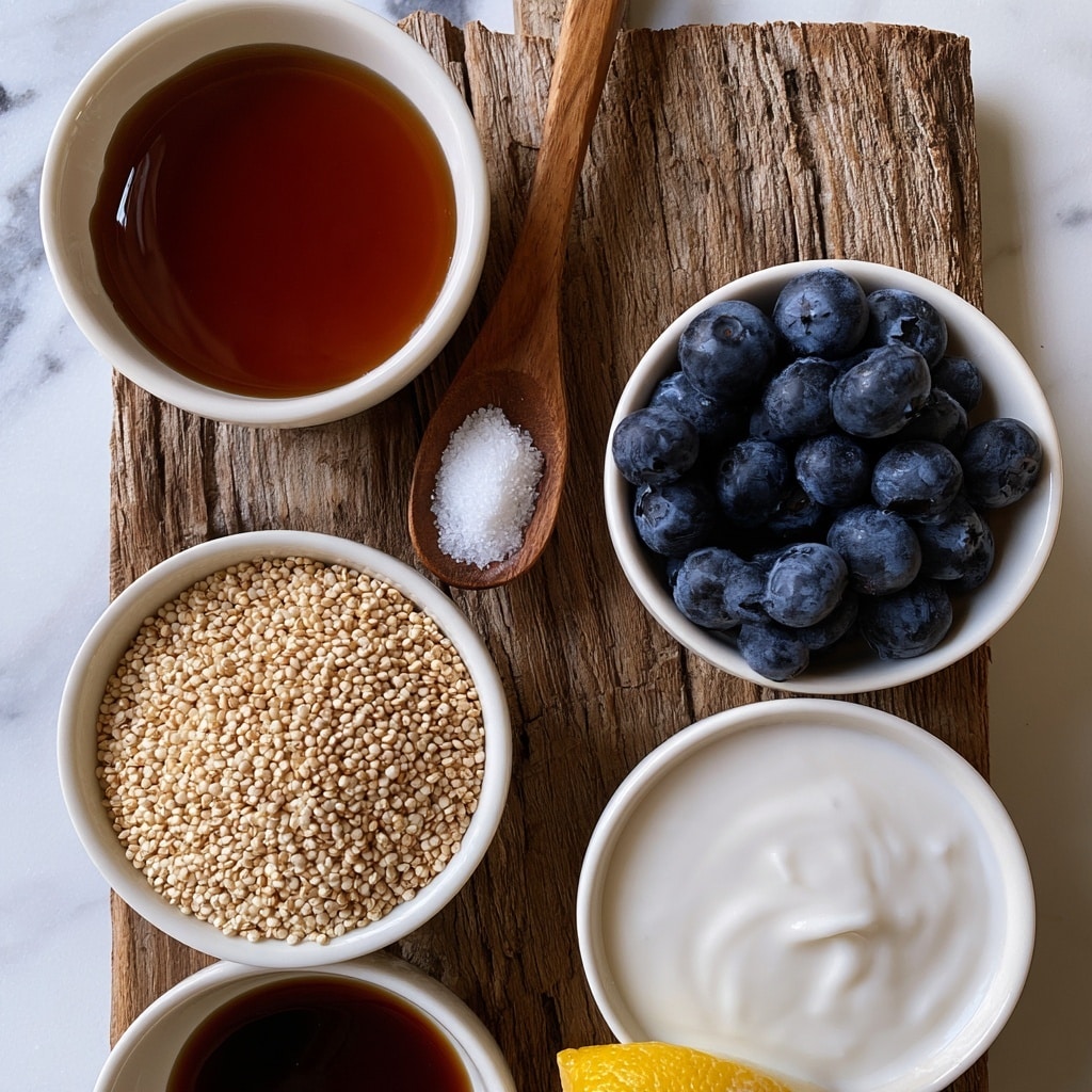 A rustic wooden board with a rough texture holds six small white bowls and a wooden spoon arranged neatly. The top left bowl contains rich amber maple syrup with a smooth surface, next to it a wooden spoon with a small pile of fine white salt. The middle right bowl is filled with plump, dark blue blueberries that look fresh and round. On the bottom left, a white bowl is full of small, beige quinoa grains, and next to it a bowl with creamy white coconut milk with a silky texture. At the bottom are two more bowls, one with dark amber vanilla extract and another partially visible with a bright yellow lemon wedge adding a pop of color. All items are set against a white marbled surface. photo taken with an iphone --ar 4:5 --v 7