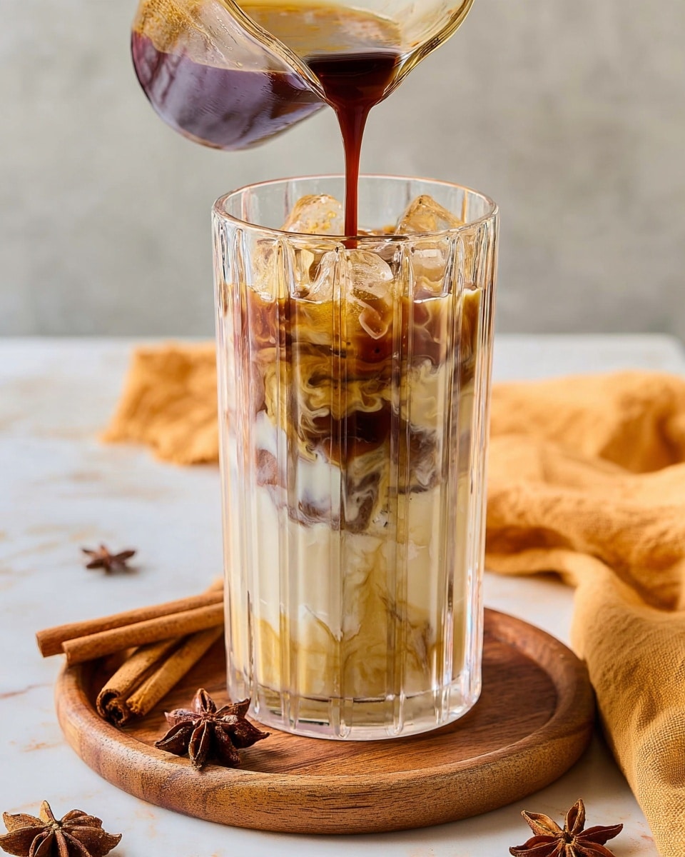 A tall clear glass with vertical ridges is filled halfway with white creamy milk mixed with swirls of light brown spice syrup and ice cubes. A dark brown coffee layer is being poured from a measuring cup into the glass, creating a rich dark stream that blends with the lighter layers below. The glass sits on a round wooden coaster placed on a white marbled surface, surrounded by cinnamon sticks, star anise, and an orange cloth to the right. Photo taken with an iphone --ar 4:5 --v 7