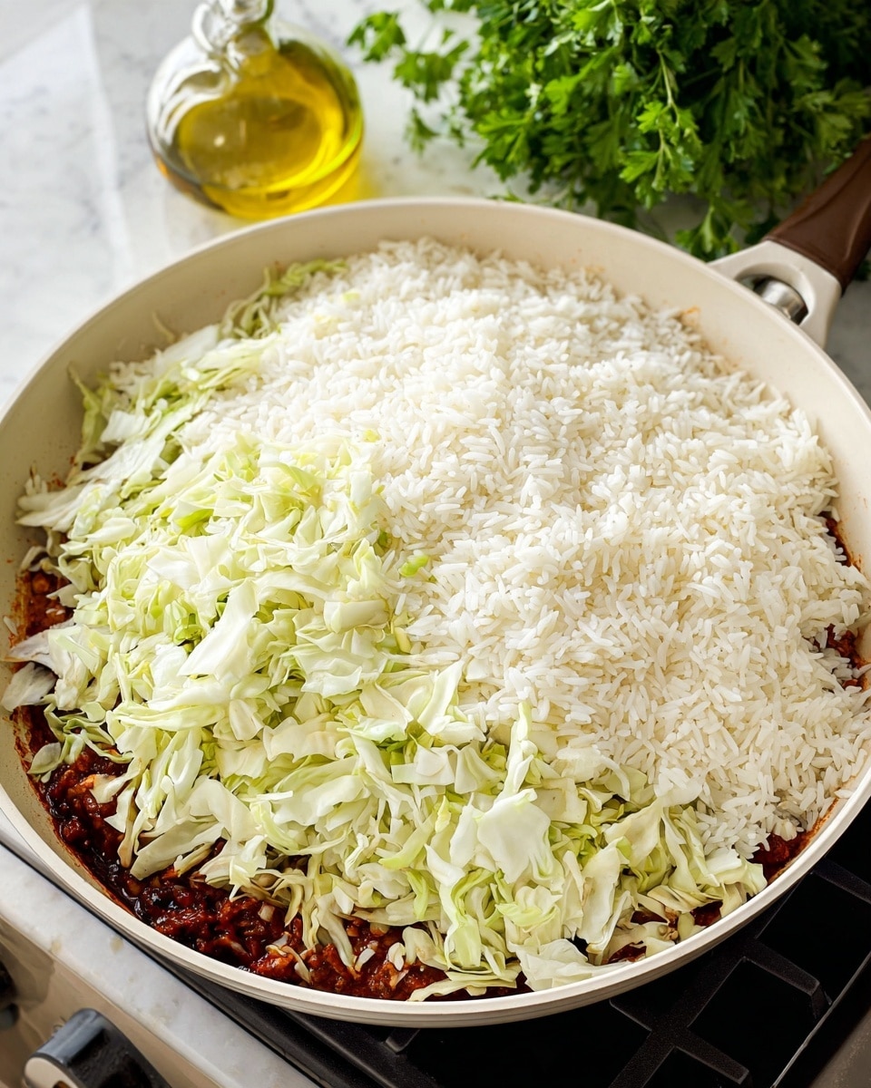 The image shows a white pan on a stove with three clear layers of food. The bottom layer is dark red, likely a cooked sauce or meat. On top of that is a layer of pale green and white shredded cabbage, spread unevenly across the pan. The top layer is a large pile of white cooked rice, covering half of the cabbage. In the background, there is a bunch of parsley and a small glass container of yellow oil, all set on a white marbled surface. photo taken with an iphone --ar 4:5 --v 7