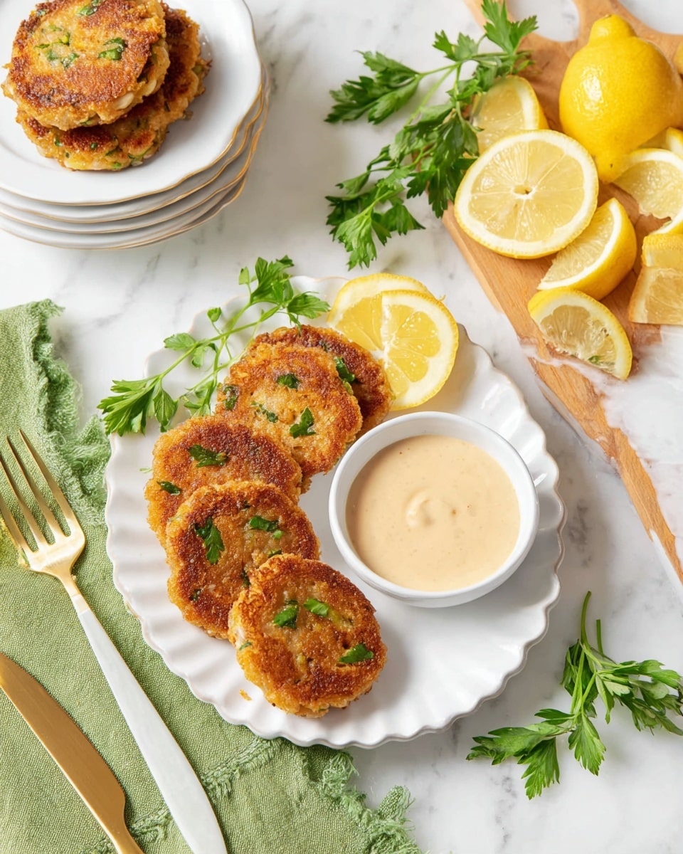 A close-up view of a golden brown crab cake with a crispy textured outer layer broken gently by a gold fork, revealing the light, flaky white crab meat inside; this main crab cake sits on a white plate with hints of fresh green herb leaves scattered on top and around it, with more crab cakes blurred in the background, all placed on a white marbled surface next to a white bowl of creamy dipping sauce, photo taken with an iphone --ar 4:5 --v 7