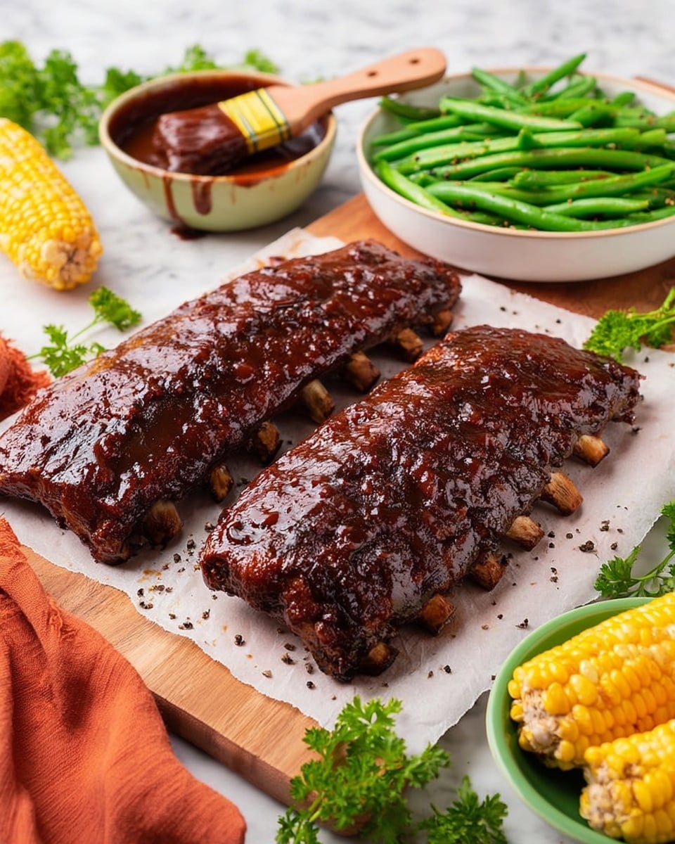 A wooden board with white parchment holds several pieces of dark brown ribs with a shiny, sticky glaze on top, showing layers of tender meat and a slight pink edge inside; four thick rib slices are laid side by side near the center, while part of a whole rack is on the right side, exposing rib bones at the end. A round small white bowl filled with dark brown BBQ sauce is at the top, with a wooden brush next to it lightly dipped in sauce, dripping along the parchment. Small green parsley leaves are scattered on the board and white marbled surface underneath. Photo taken with an iphone --ar 4:5 --v 7